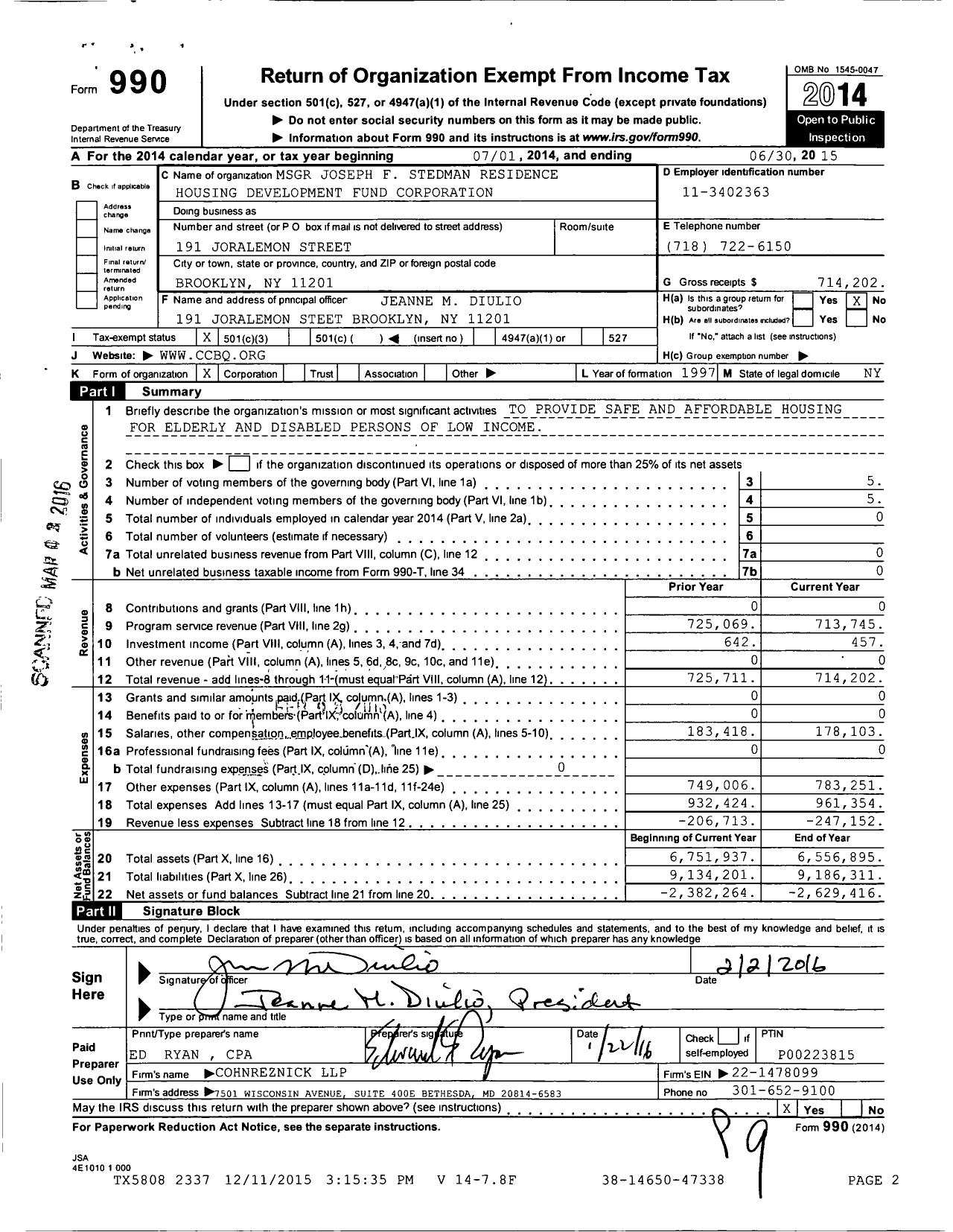 Image of first page of 2014 Form 990 for MSGR Joseph F Stedman Residence Housing Development Fund Corporation