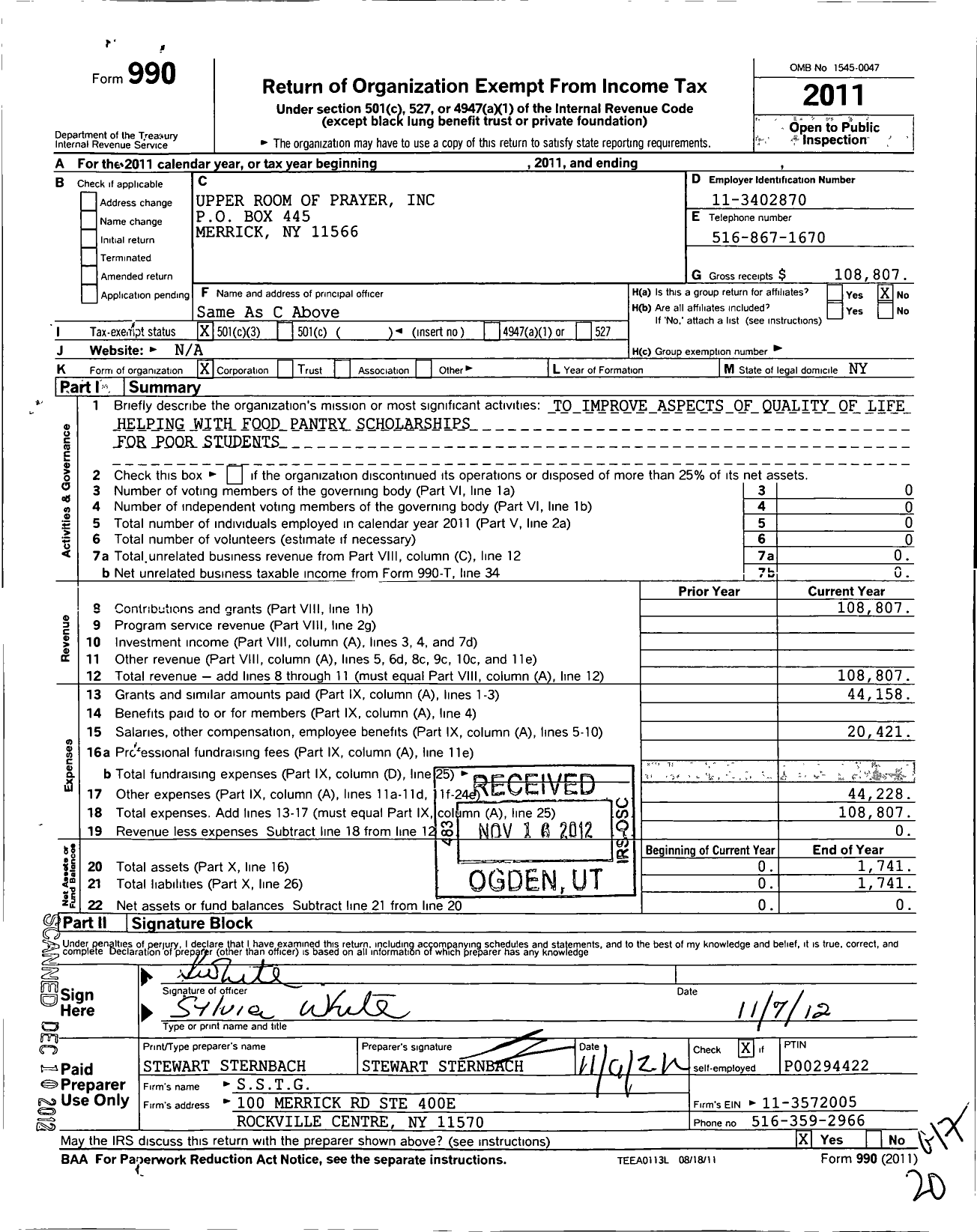 Image of first page of 2011 Form 990 for Upper Room of Prayer