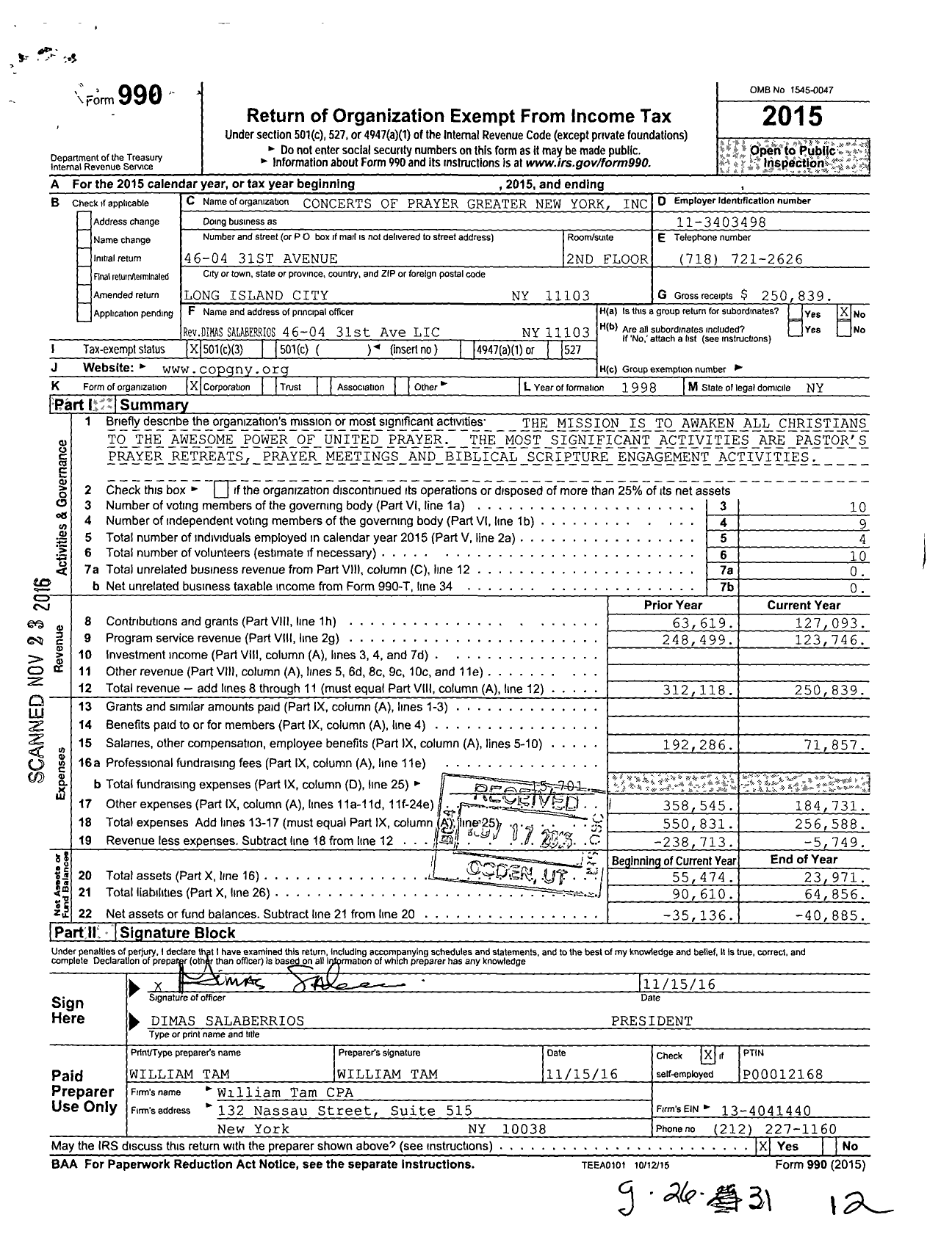 Image of first page of 2015 Form 990 for Concerts of Prayer Greater New York