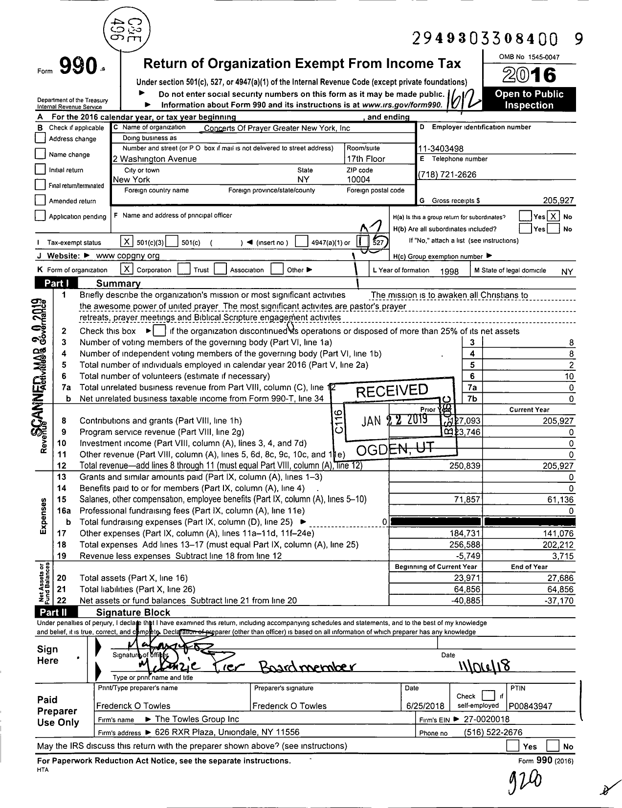 Image of first page of 2016 Form 990 for Concerts of Prayer Greater New York