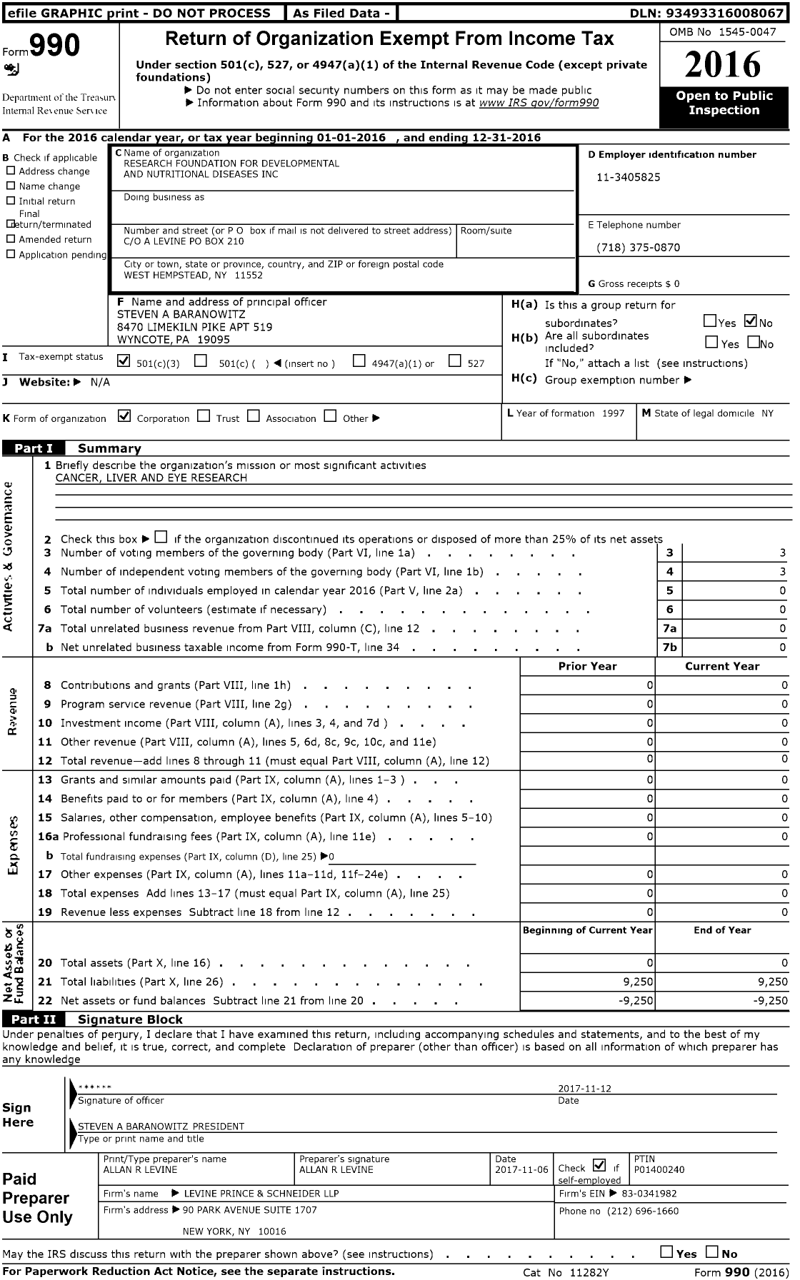 Image of first page of 2016 Form 990 for Research Foundation for Developmental and Nutritional Diseases