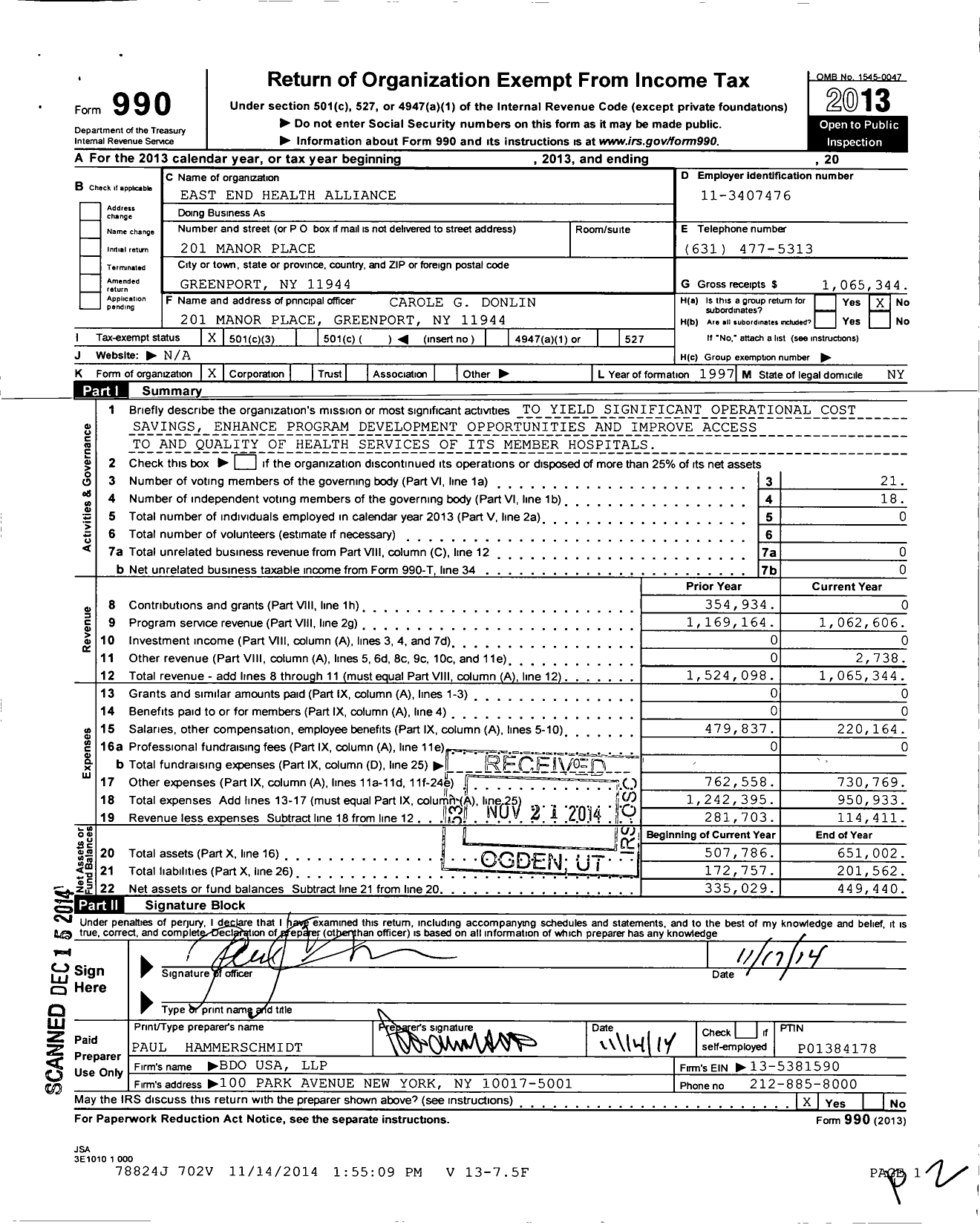 Image of first page of 2013 Form 990 for East End Health Alliance