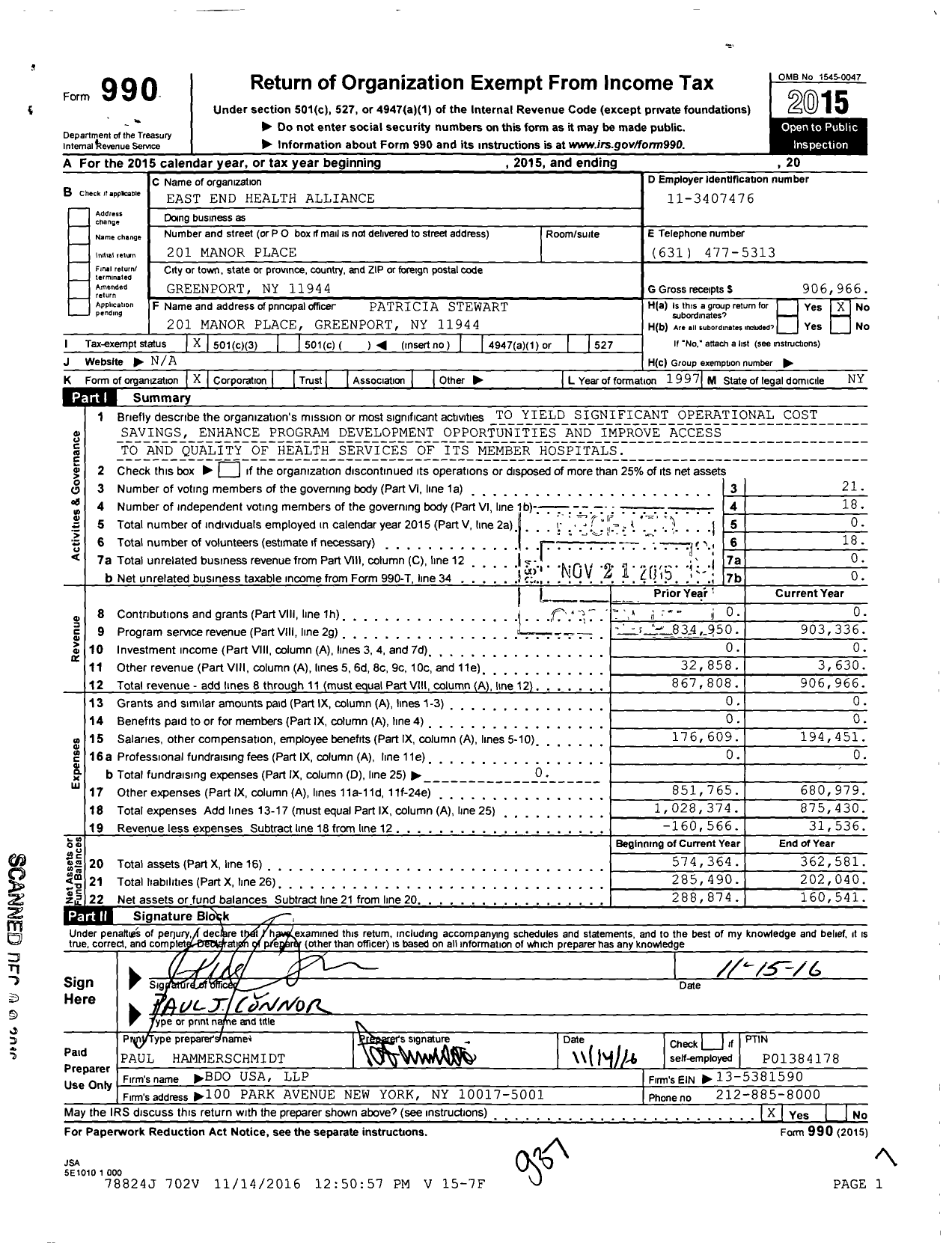 Image of first page of 2015 Form 990 for East End Health Alliance