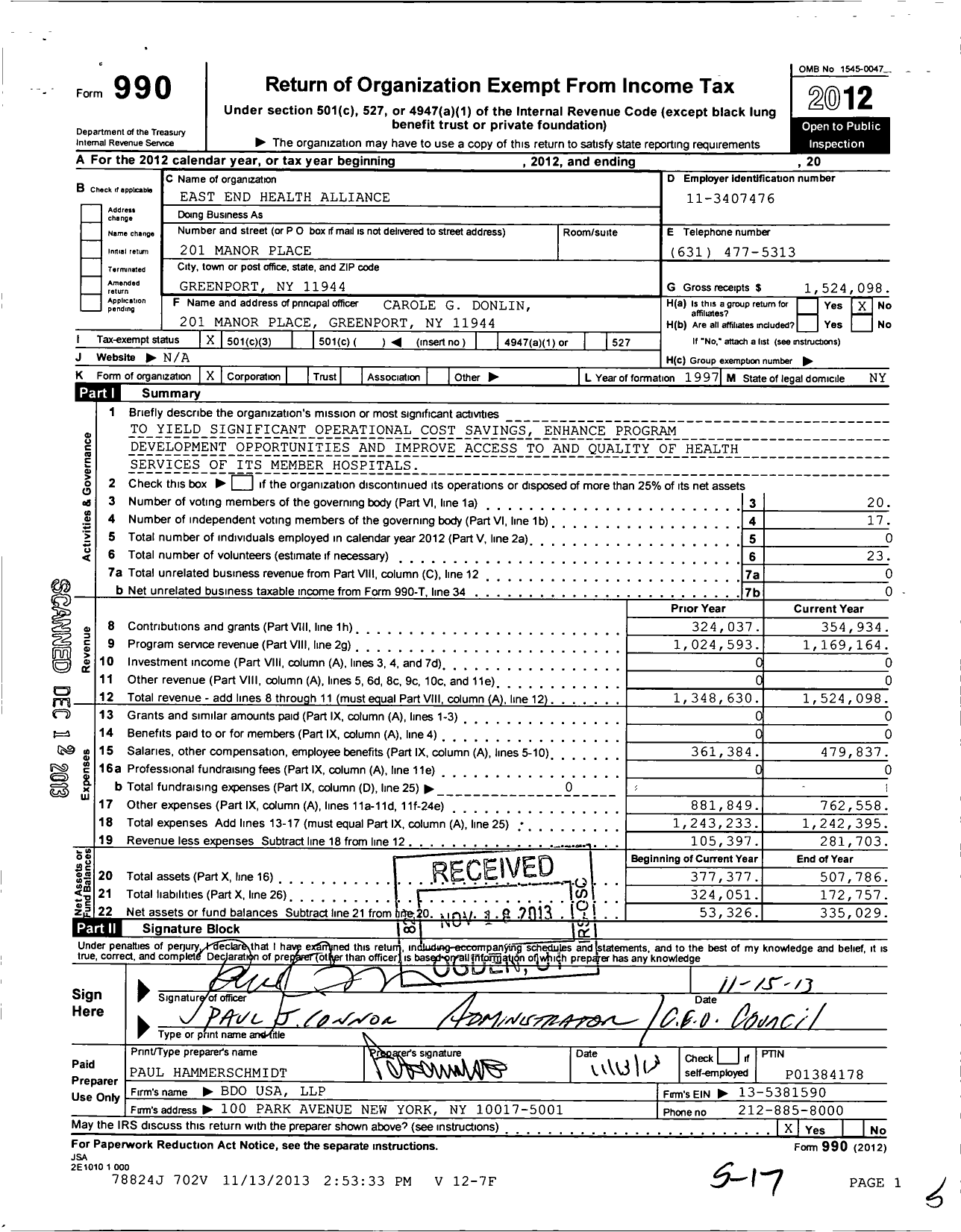 Image of first page of 2012 Form 990 for East End Health Alliance
