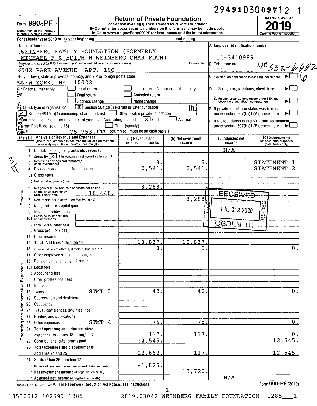 Image of first page of 2019 Form 990PF for Weinberg Family Foundation