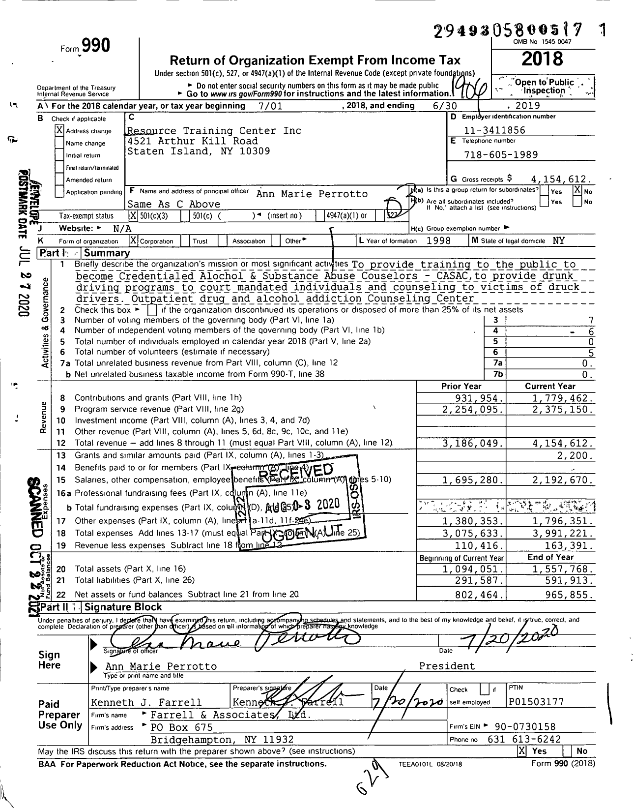 Image of first page of 2018 Form 990 for Resource Training Center