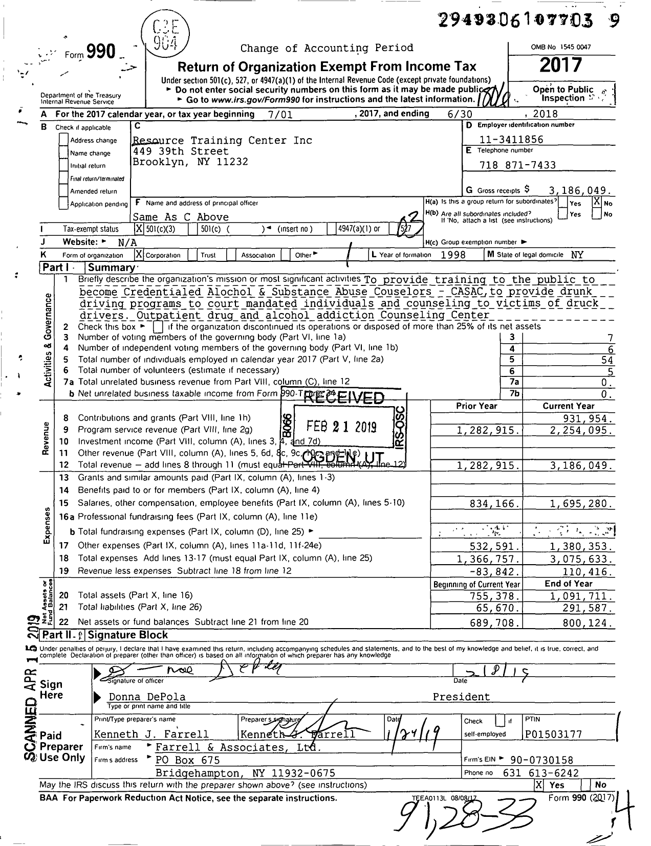 Image of first page of 2017 Form 990 for Resource Training Center