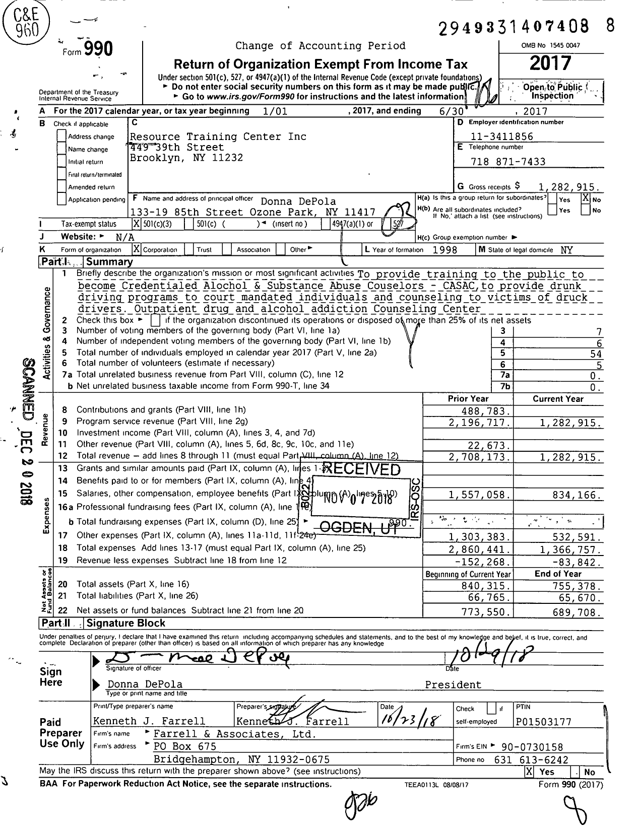 Image of first page of 2016 Form 990 for Resource Training Center