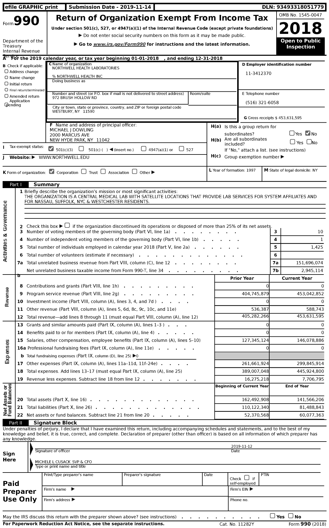 Image of first page of 2018 Form 990 for Northwell Health Laboratories