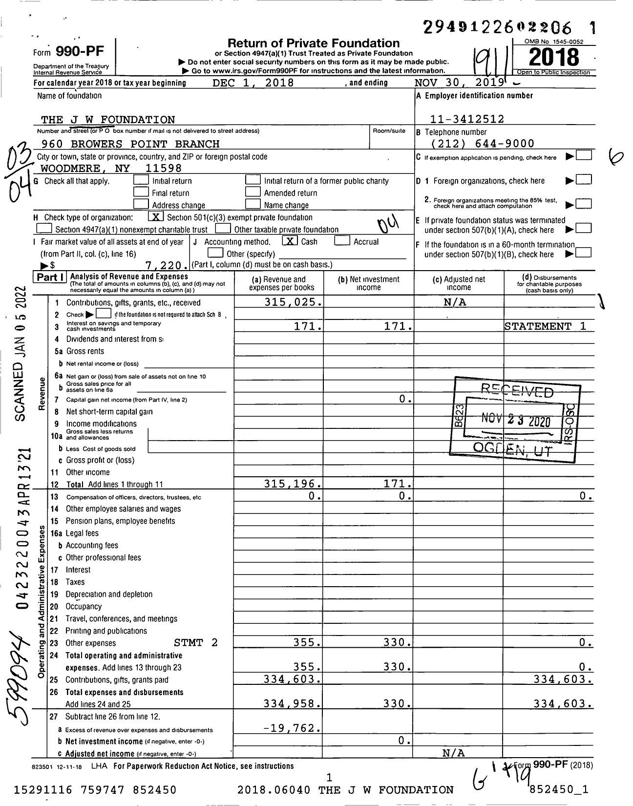 Image of first page of 2018 Form 990PF for The J W Foundation