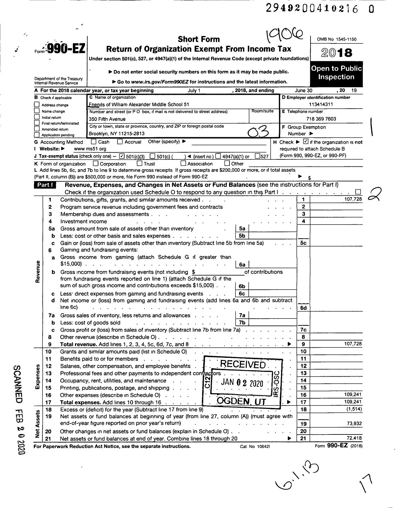 Image of first page of 2018 Form 990EZ for Friends of William Alexander Middle School 51