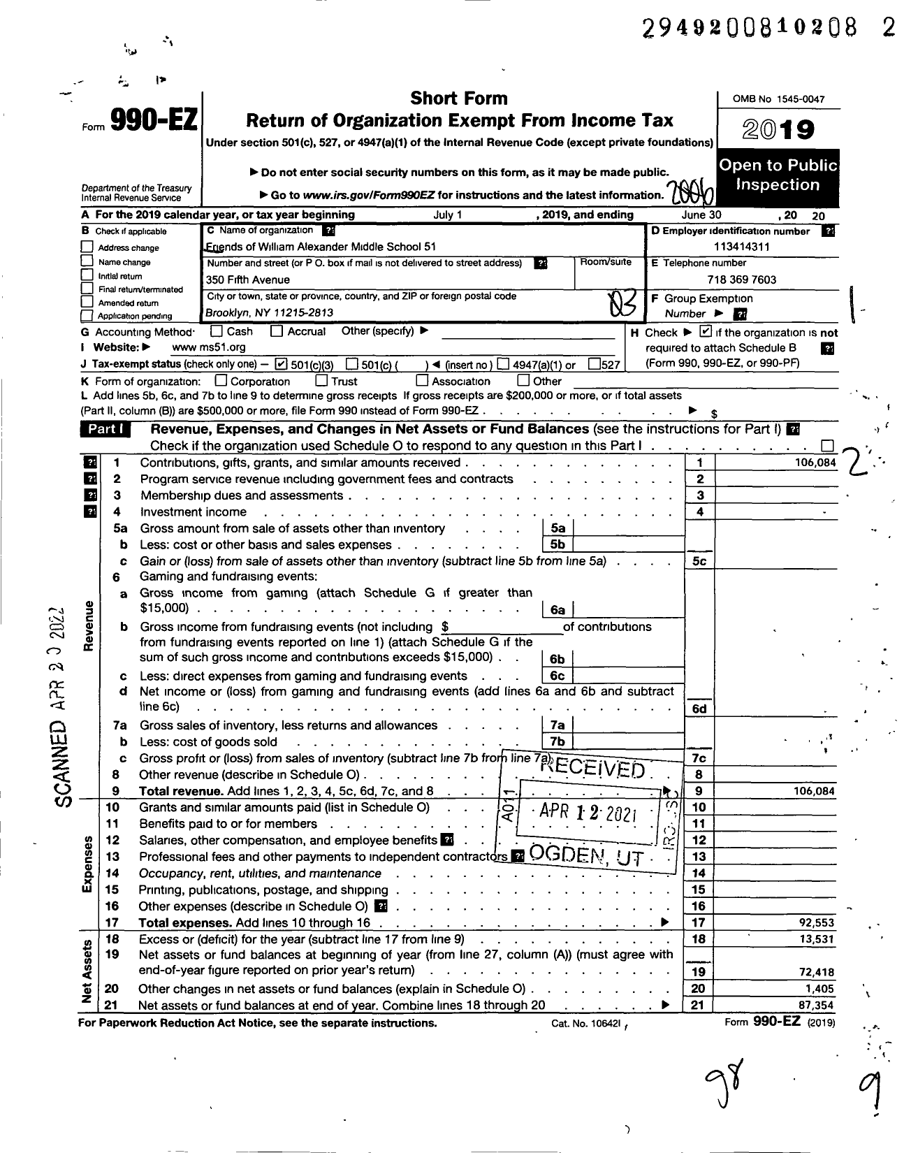 Image of first page of 2019 Form 990EZ for Friends of William Alexander Middle School 51