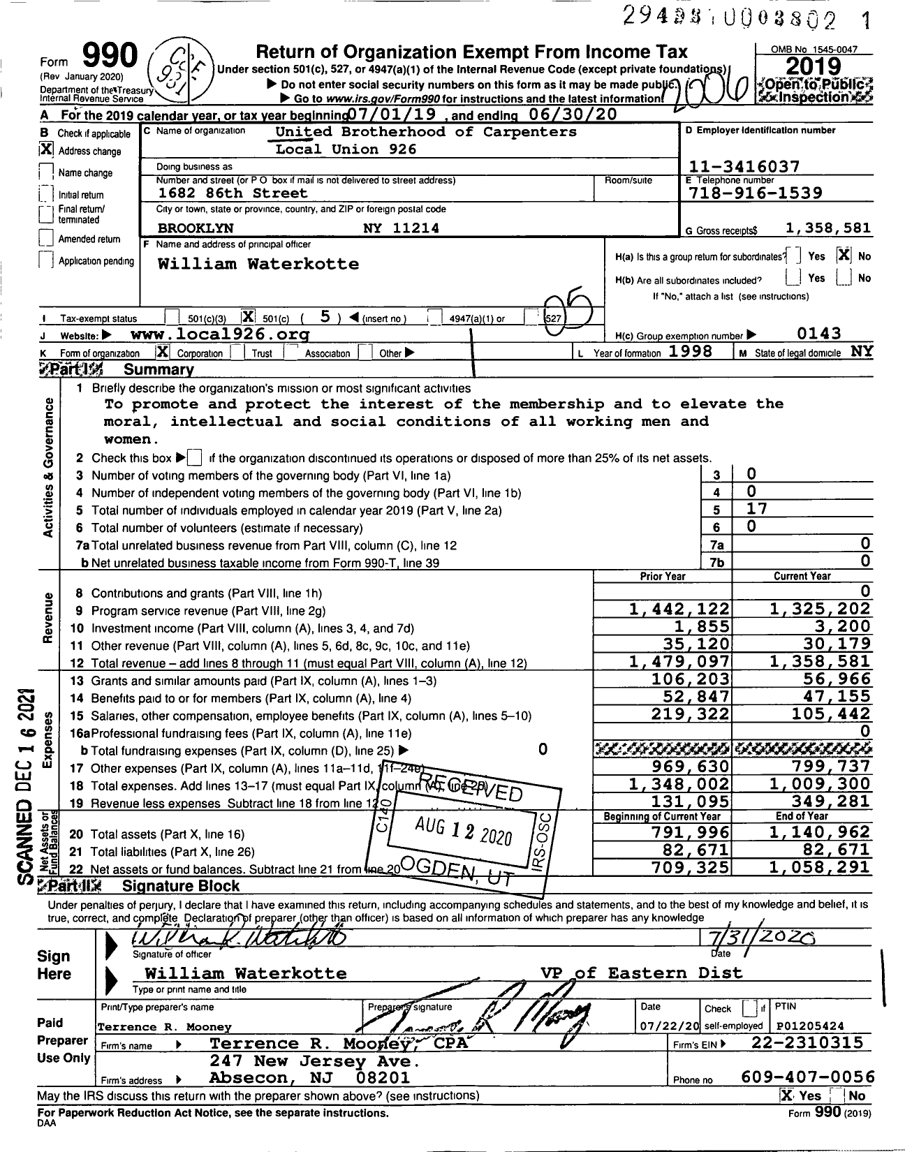 Image of first page of 2019 Form 990O for United Brotherhood of Carpenters & Joiners - 926 Local Union