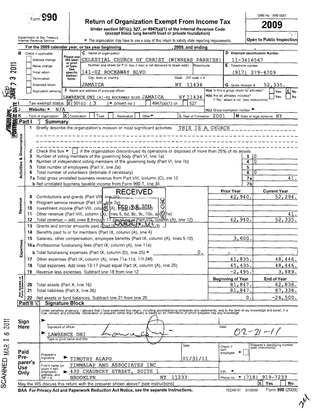 Image of first page of 2009 Form 990 for Celestial Church of Christ