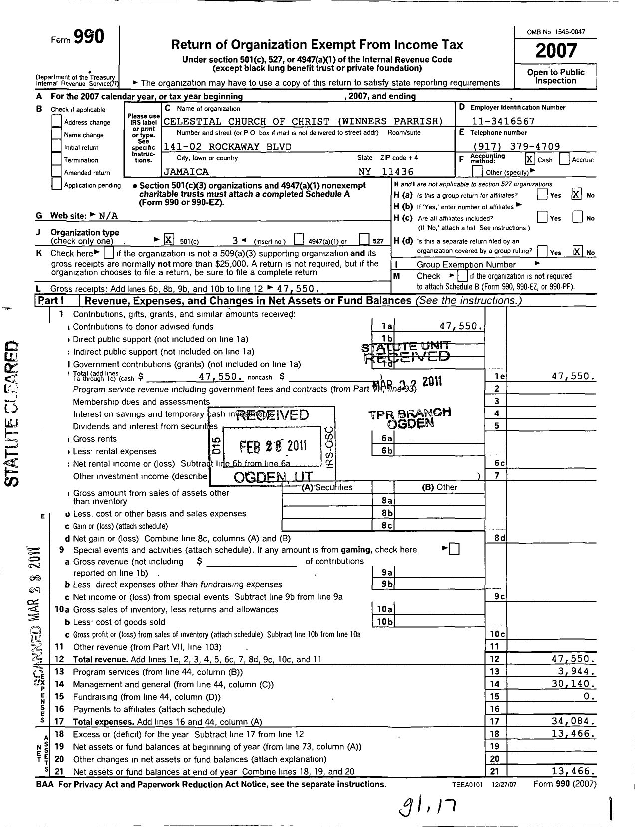 Image of first page of 2007 Form 990 for Celestial Church of Christ