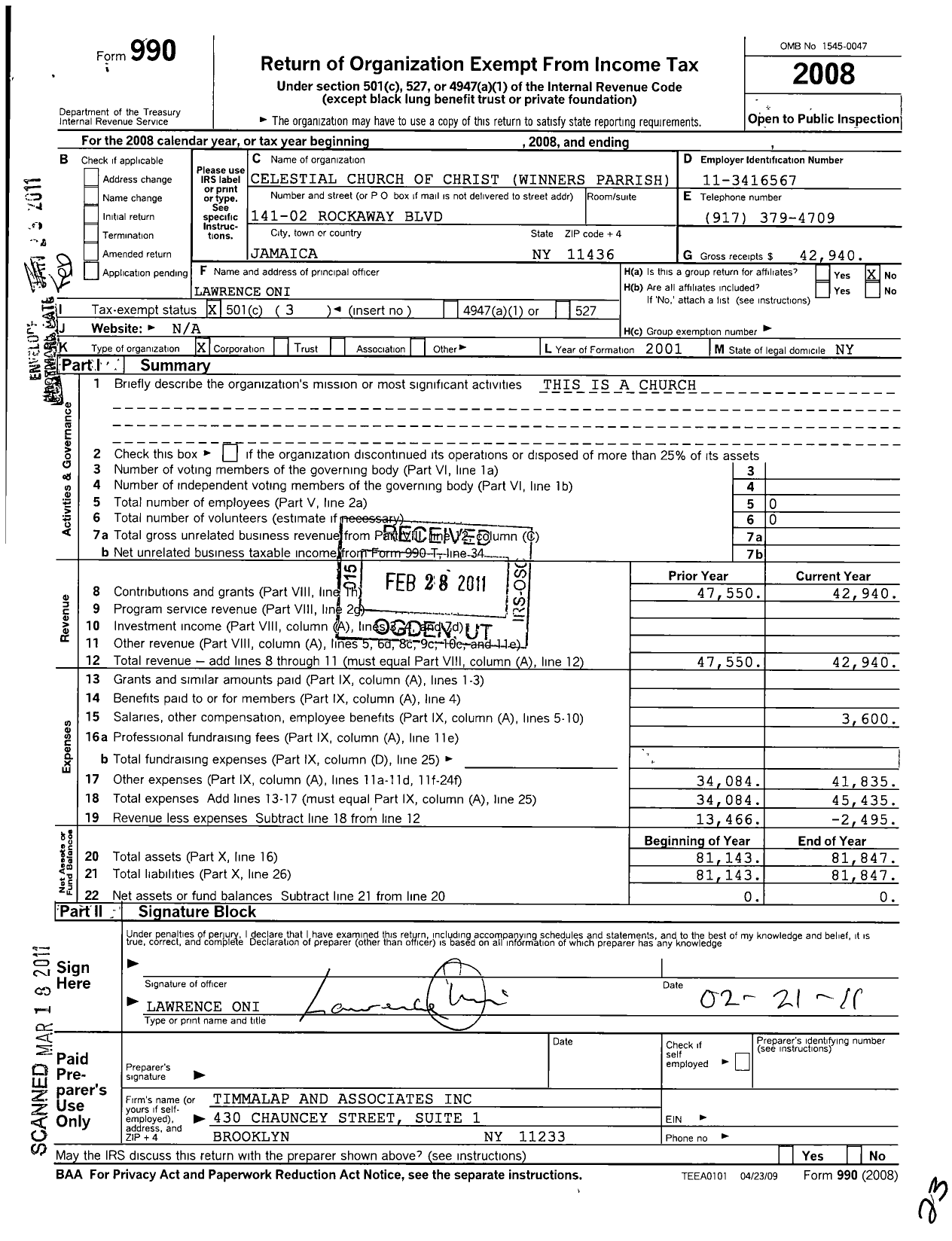 Image of first page of 2008 Form 990 for Celestial Church of Christ