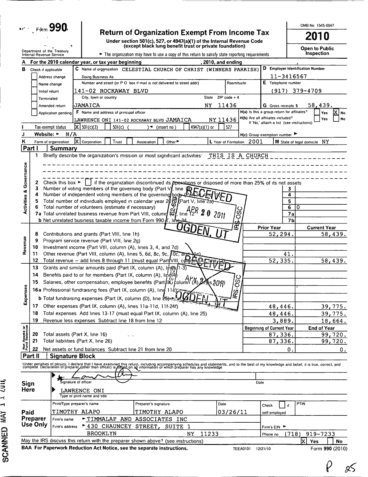 Image of first page of 2010 Form 990 for Celestial Church of Christ