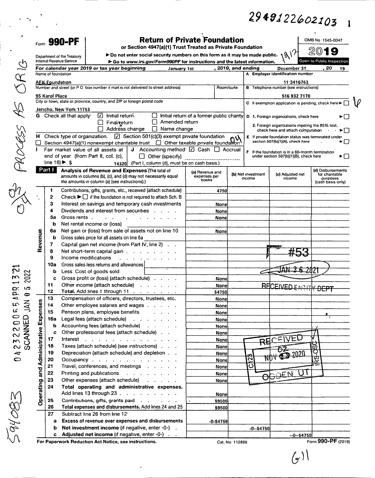 Image of first page of 2019 Form 990PF for Afk Foundation