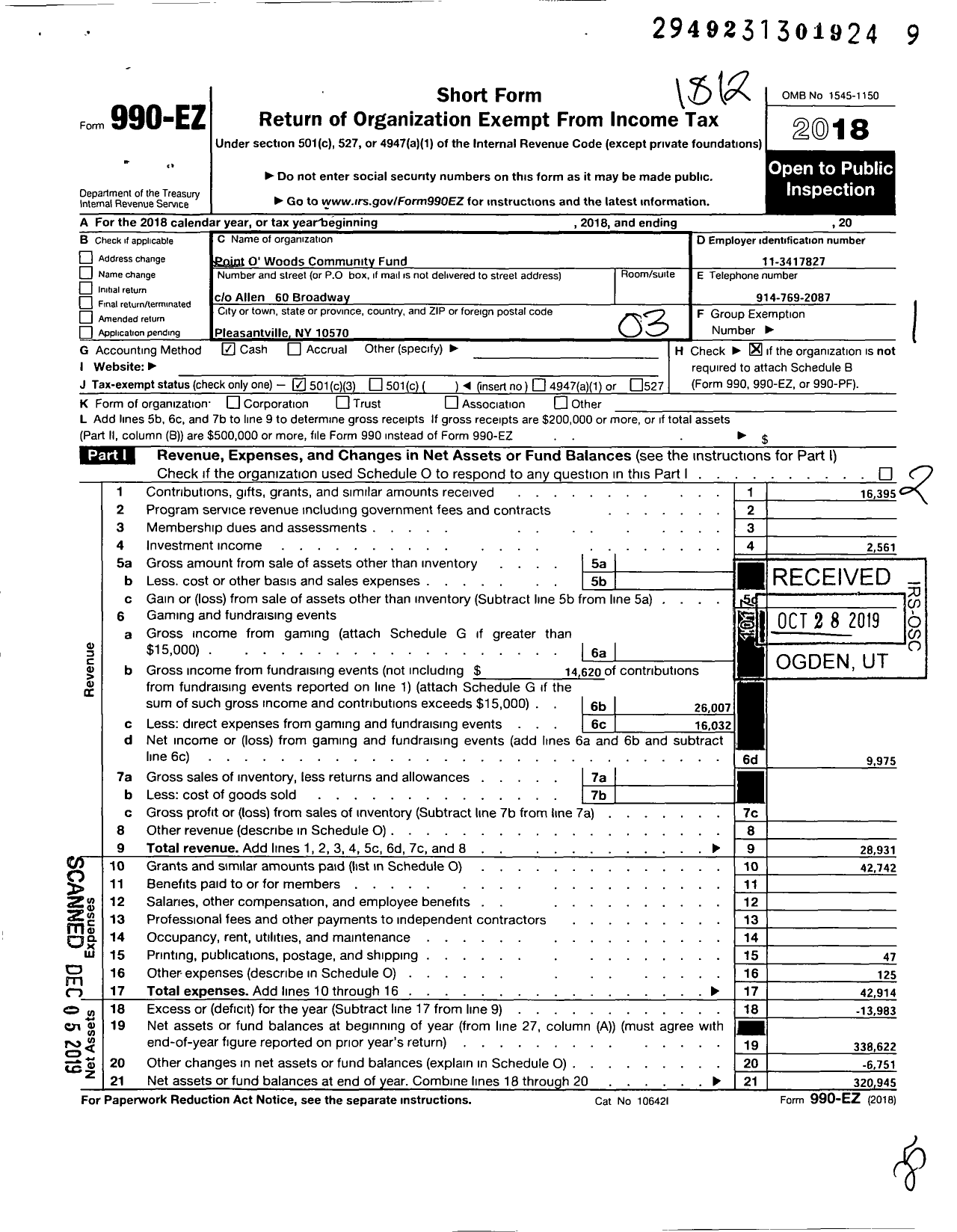 Image of first page of 2018 Form 990EZ for Point O Woods Community Fund