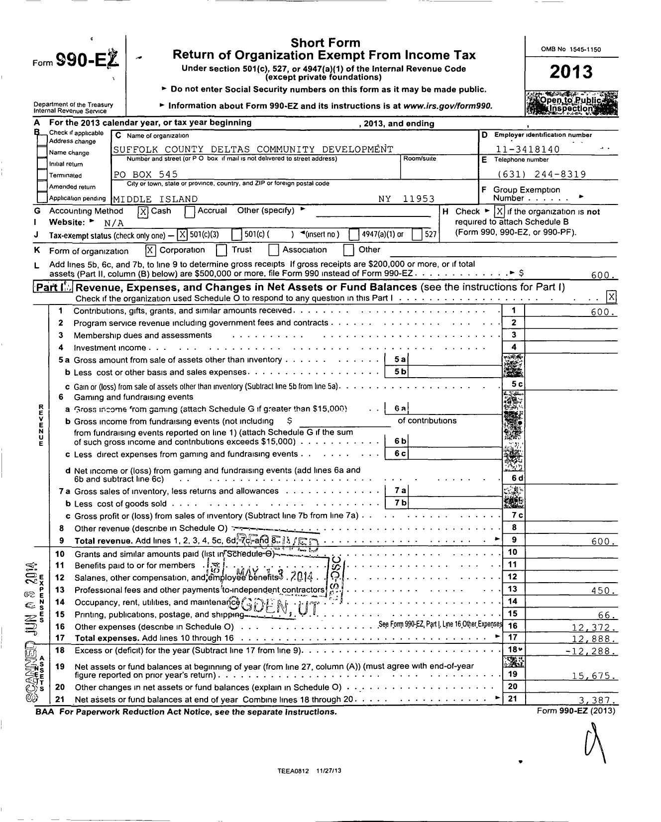 Image of first page of 2013 Form 990EZ for Suffolk County Deltas Community Development