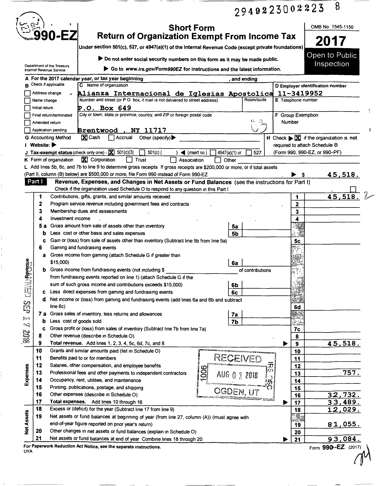 Image of first page of 2017 Form 990EZ for Alianza Internacional de Iglesias Apostolicas