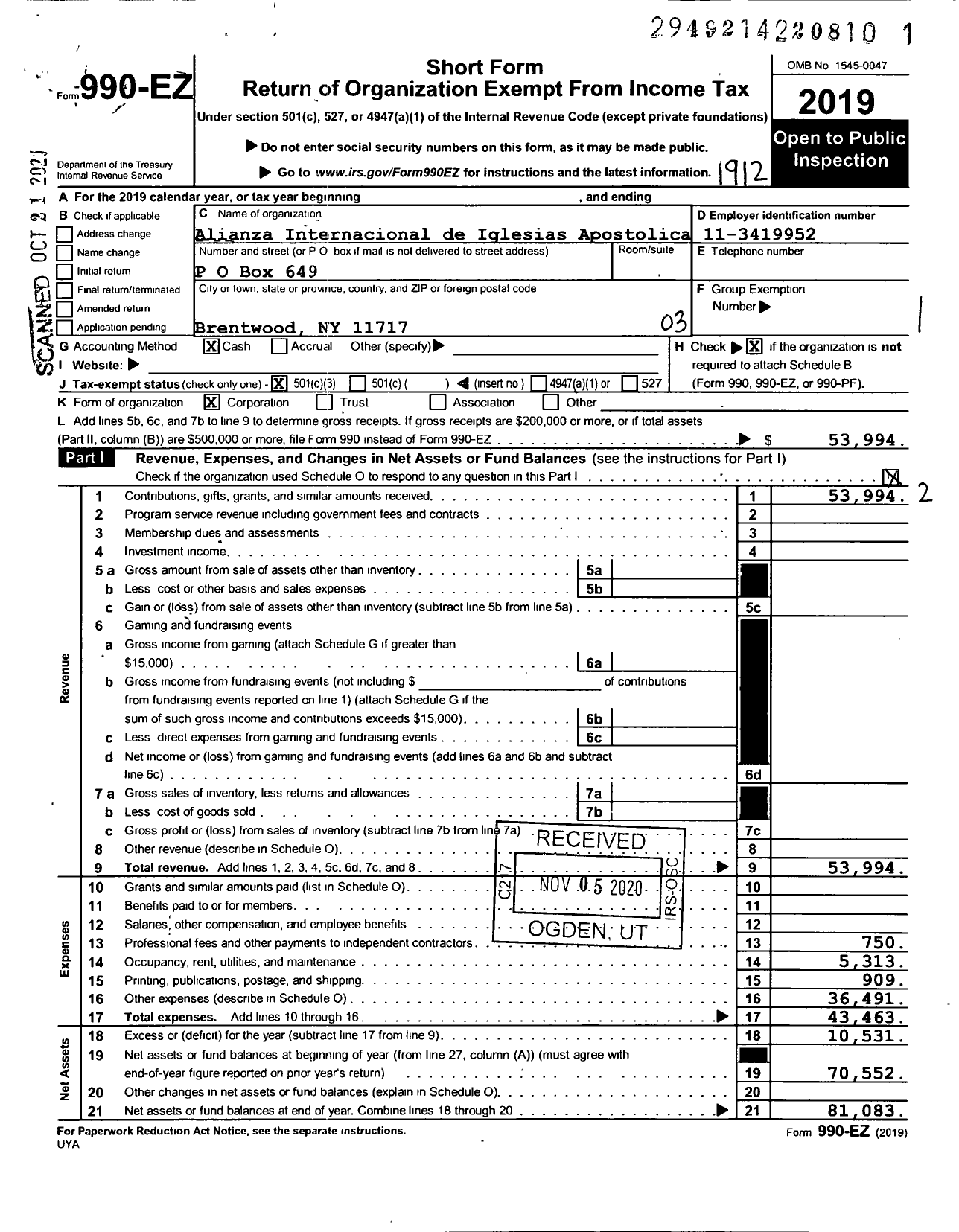 Image of first page of 2019 Form 990EZ for Alianza Internacional de Iglesias Apostolicas