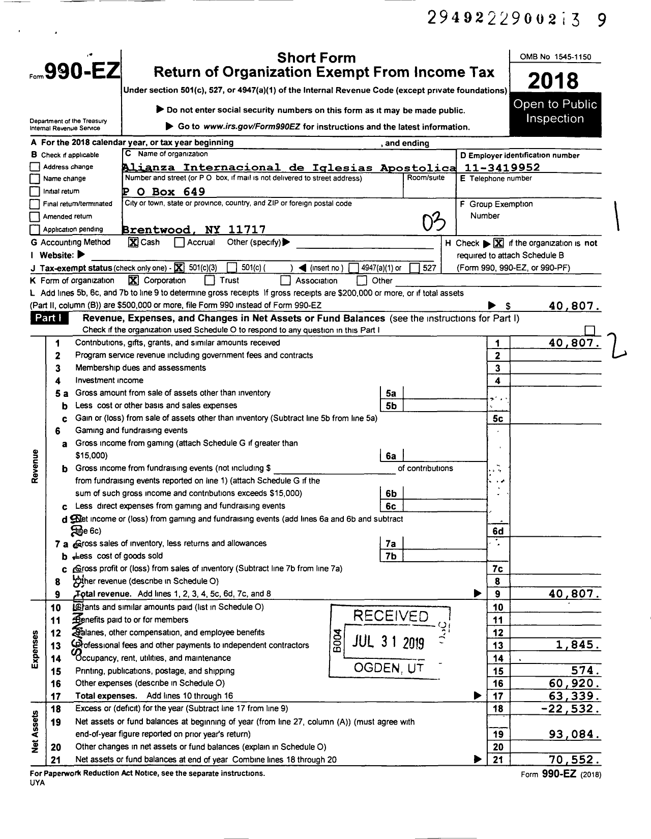 Image of first page of 2018 Form 990EZ for Alianza Internacional de Iglesias Apostolicas