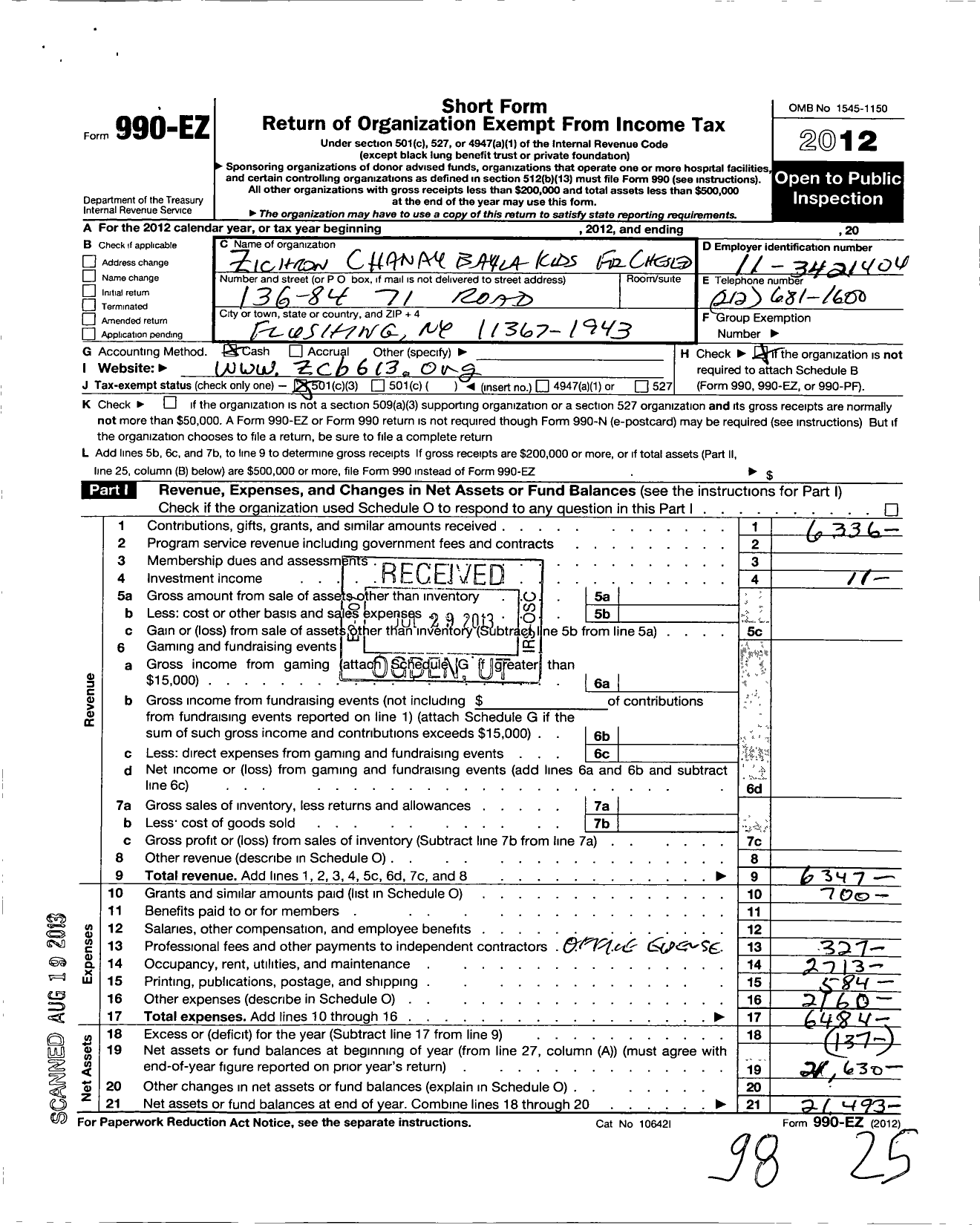 Image of first page of 2012 Form 990EZ for Zichron Chana Bayla Kids for Chesed