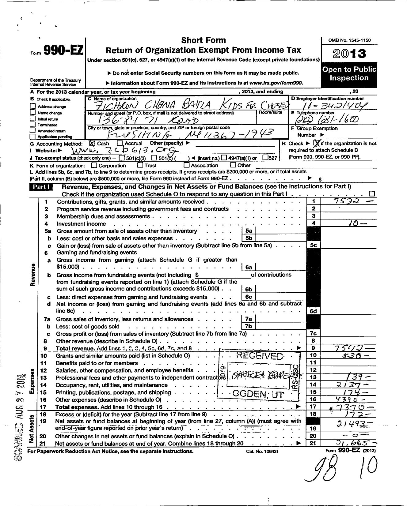 Image of first page of 2013 Form 990EO for Zichron Chana Bayla Kids for Chesed