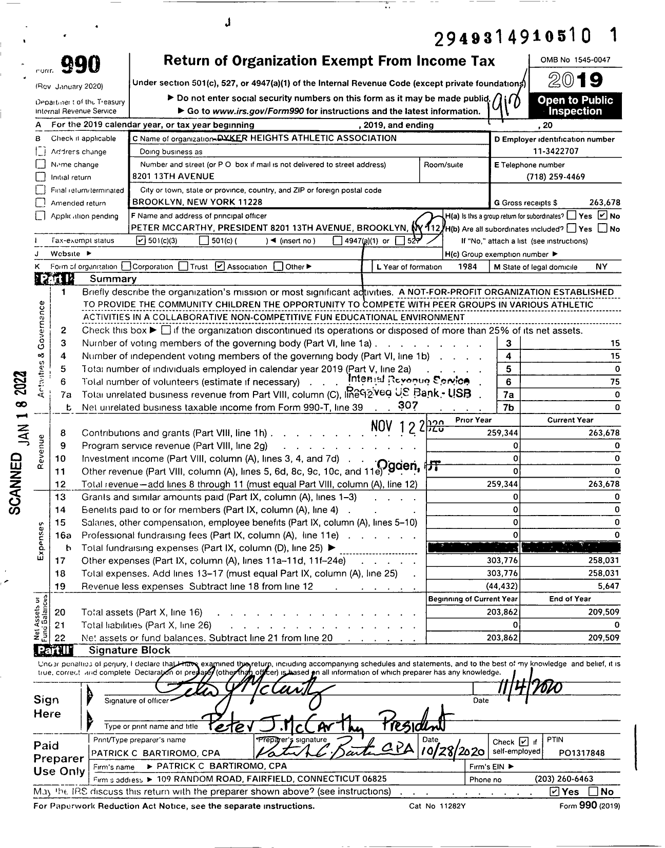 Image of first page of 2019 Form 990 for Dyker Heights Athletic Association