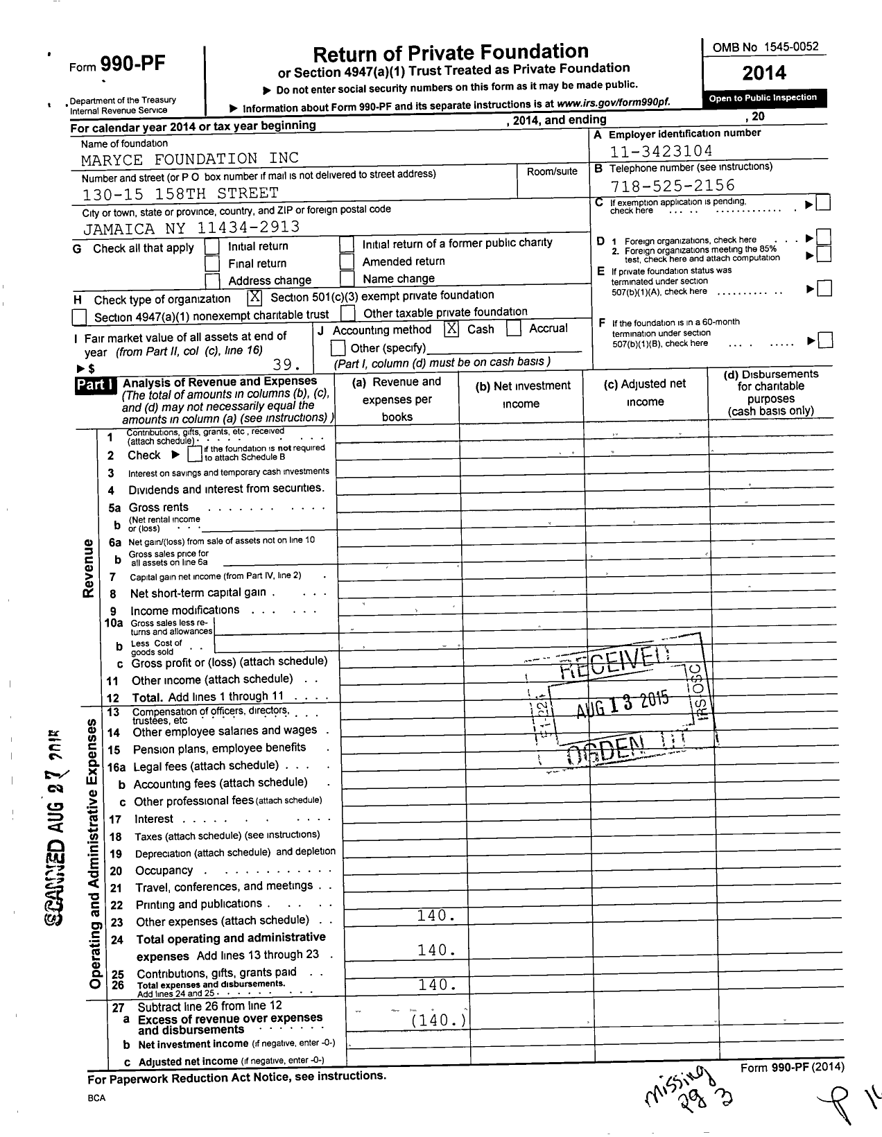 Image of first page of 2014 Form 990PF for Maryce Foundation