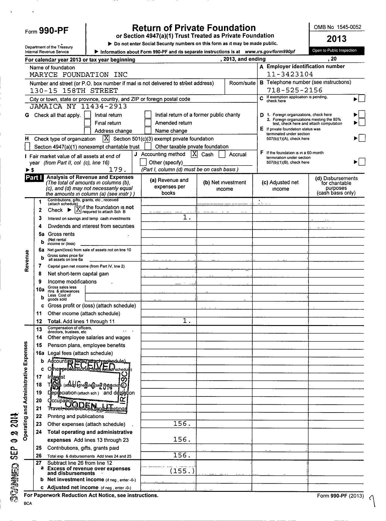 Image of first page of 2013 Form 990PF for Maryce Foundation
