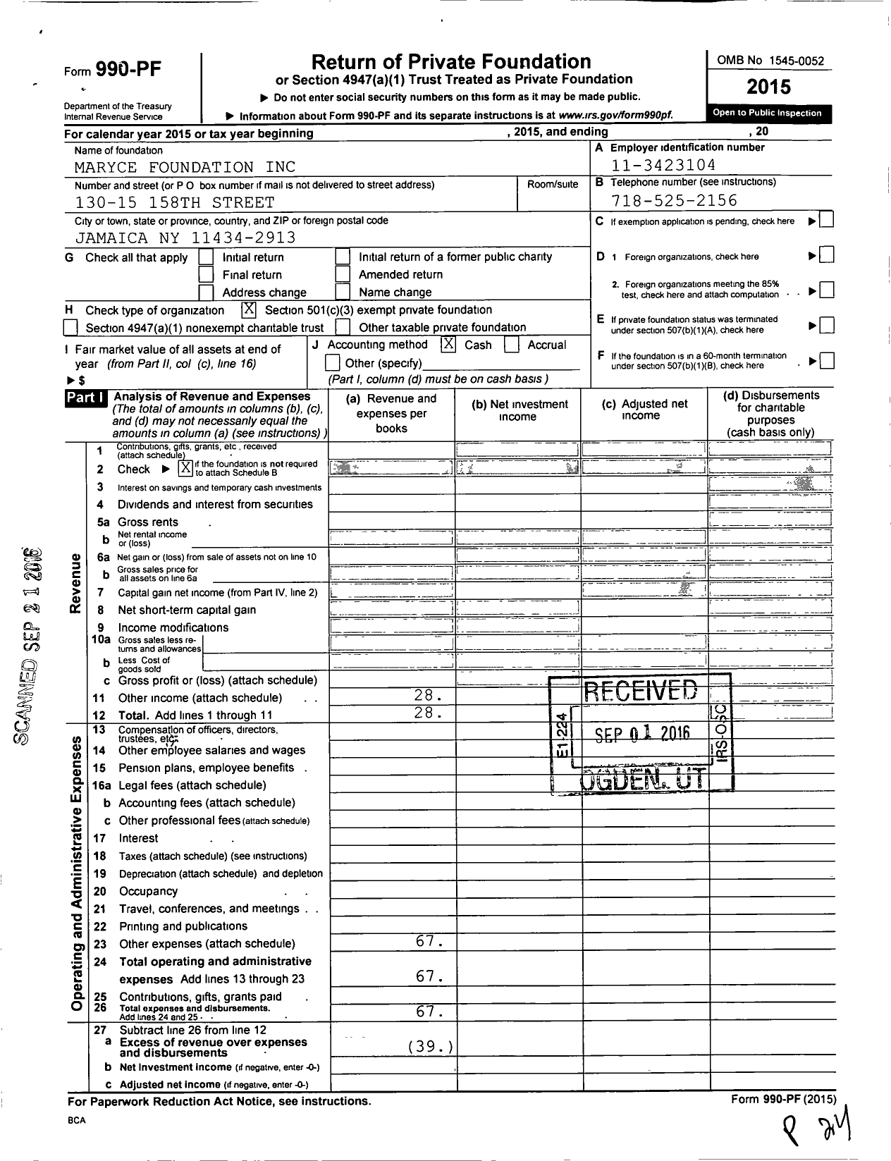 Image of first page of 2015 Form 990PF for Maryce Foundation