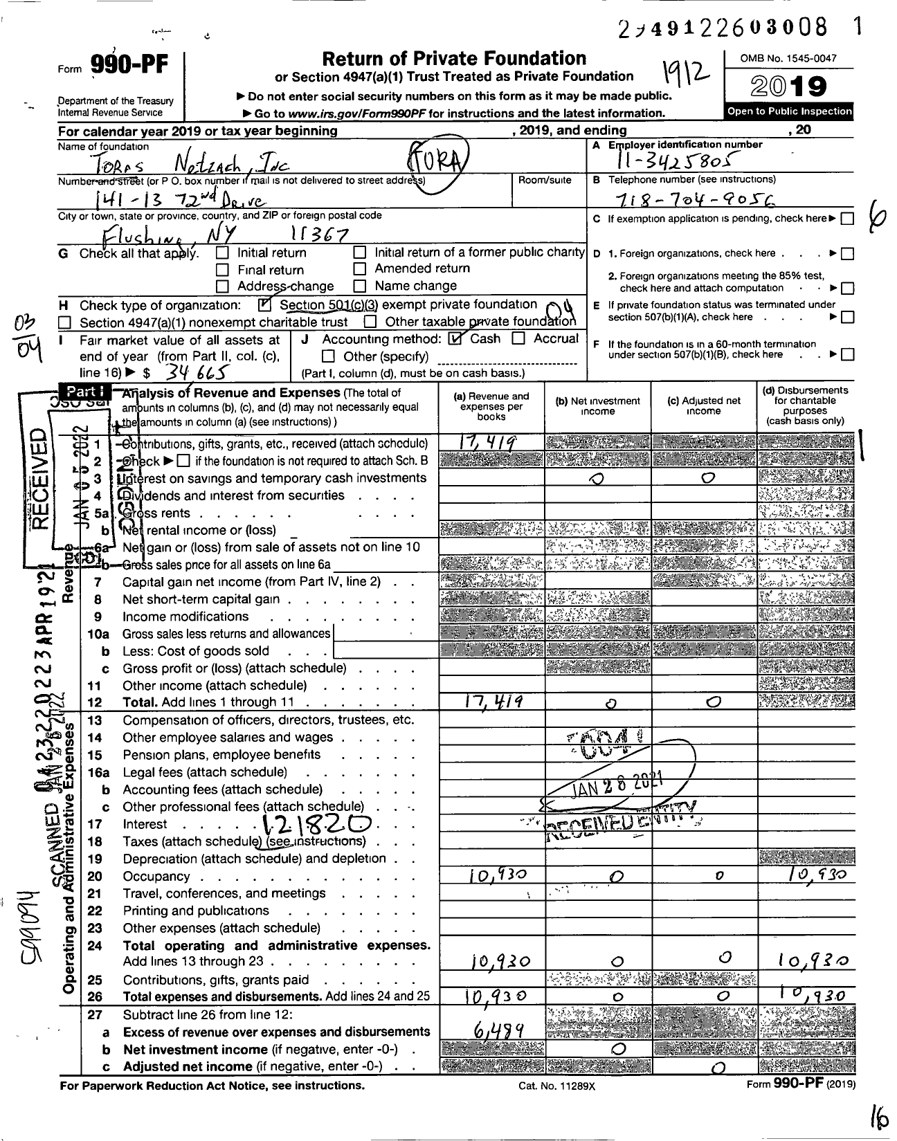 Image of first page of 2019 Form 990PF for Toras Netzach