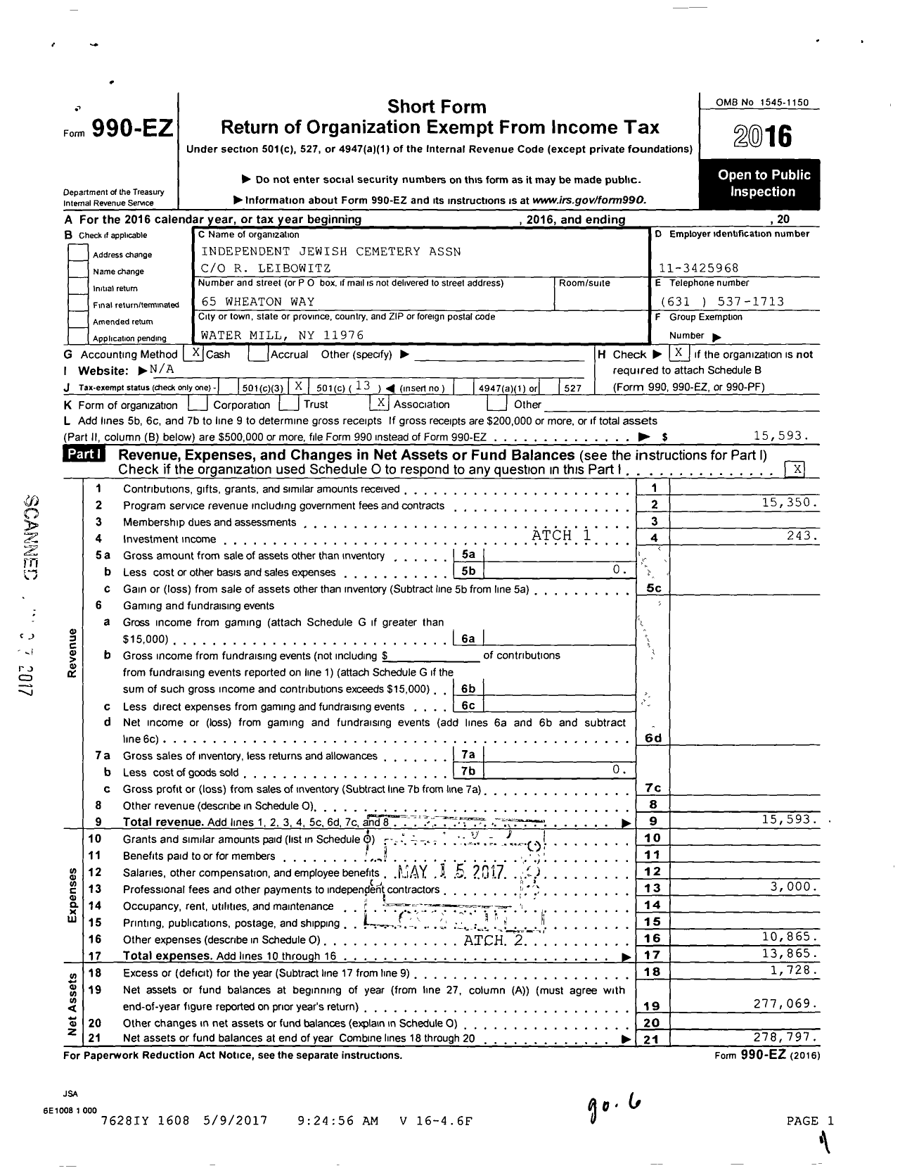 Image of first page of 2016 Form 990EO for The Jewish Cemetery Association of Sag Harbor