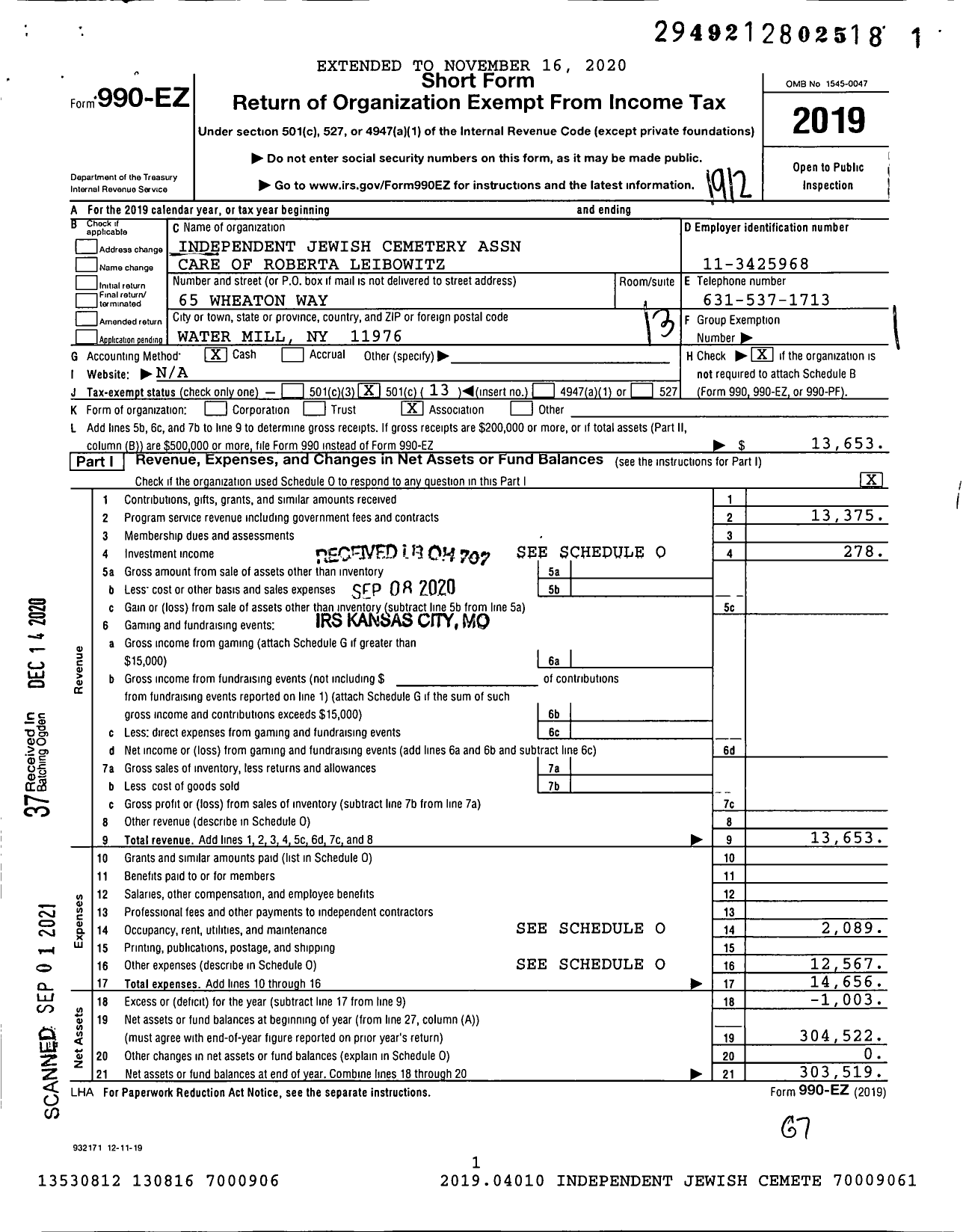 Image of first page of 2019 Form 990EO for The Jewish Cemetery Association of Sag Harbor