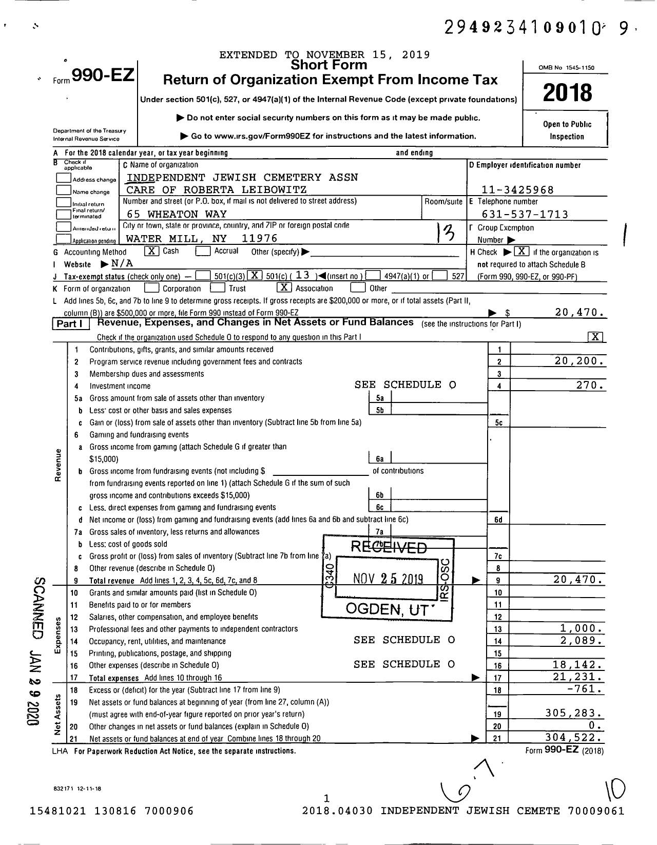 Image of first page of 2018 Form 990EO for The Jewish Cemetery Association of Sag Harbor