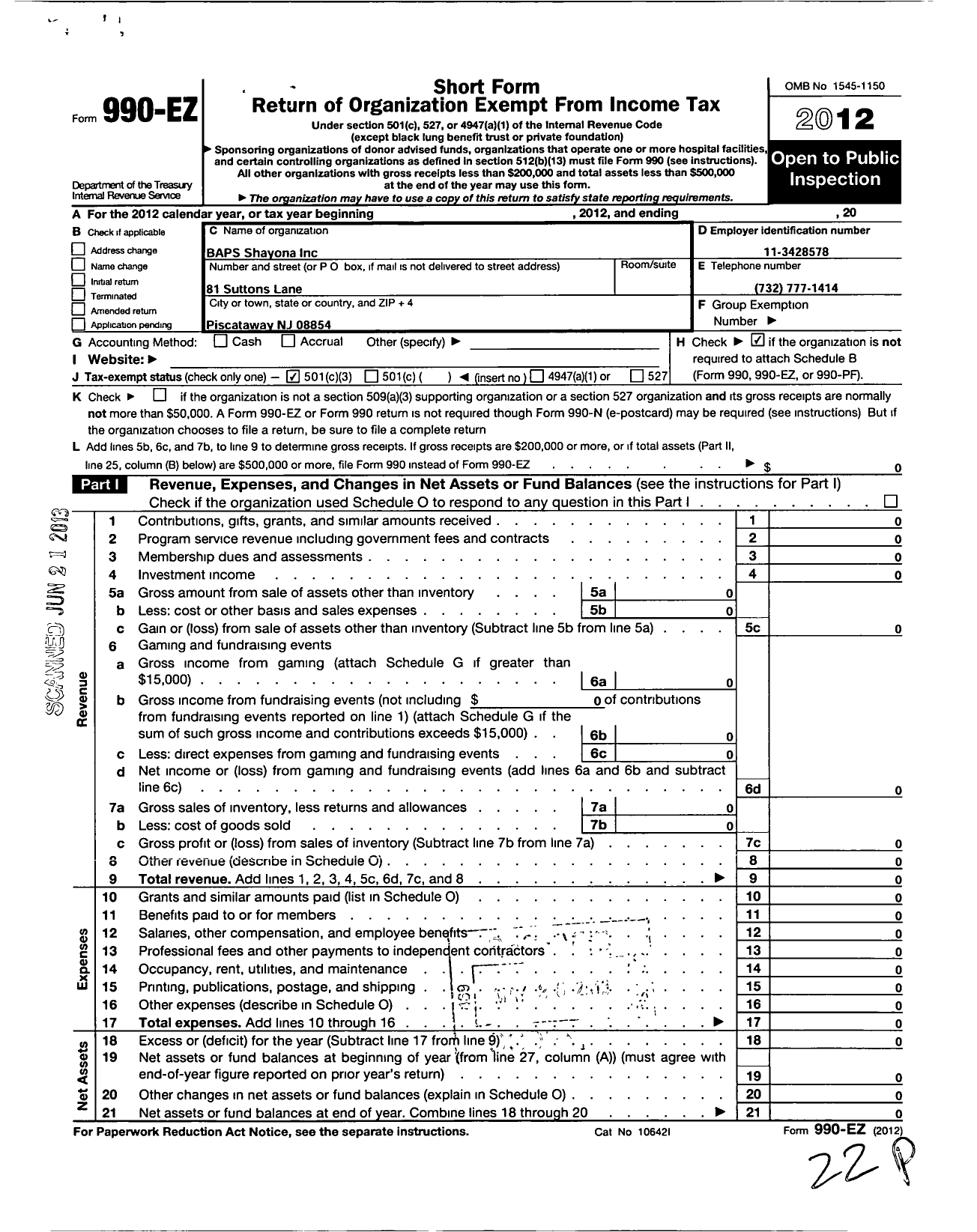 Image of first page of 2012 Form 990EZ for Baps Shayona