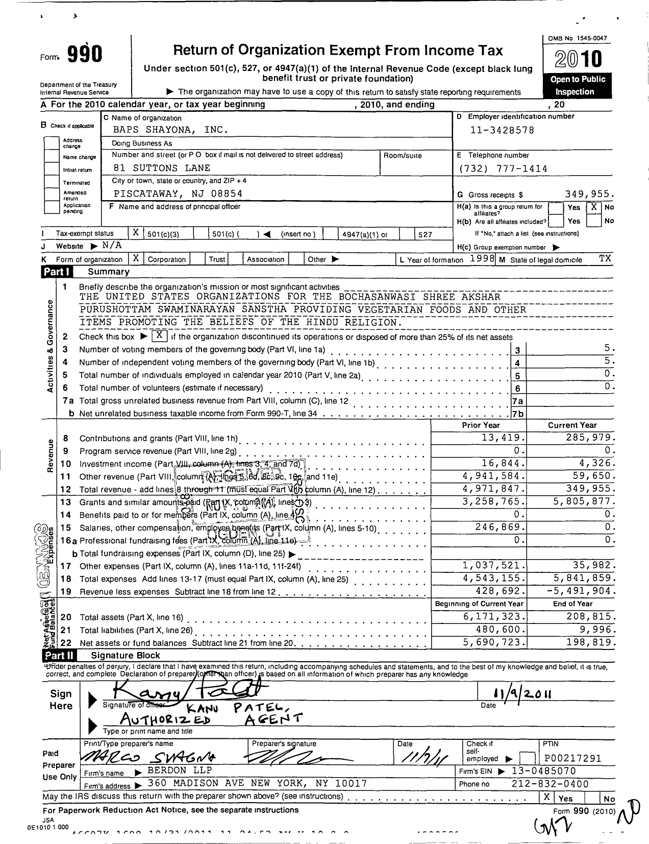 Image of first page of 2010 Form 990 for Baps Shayona