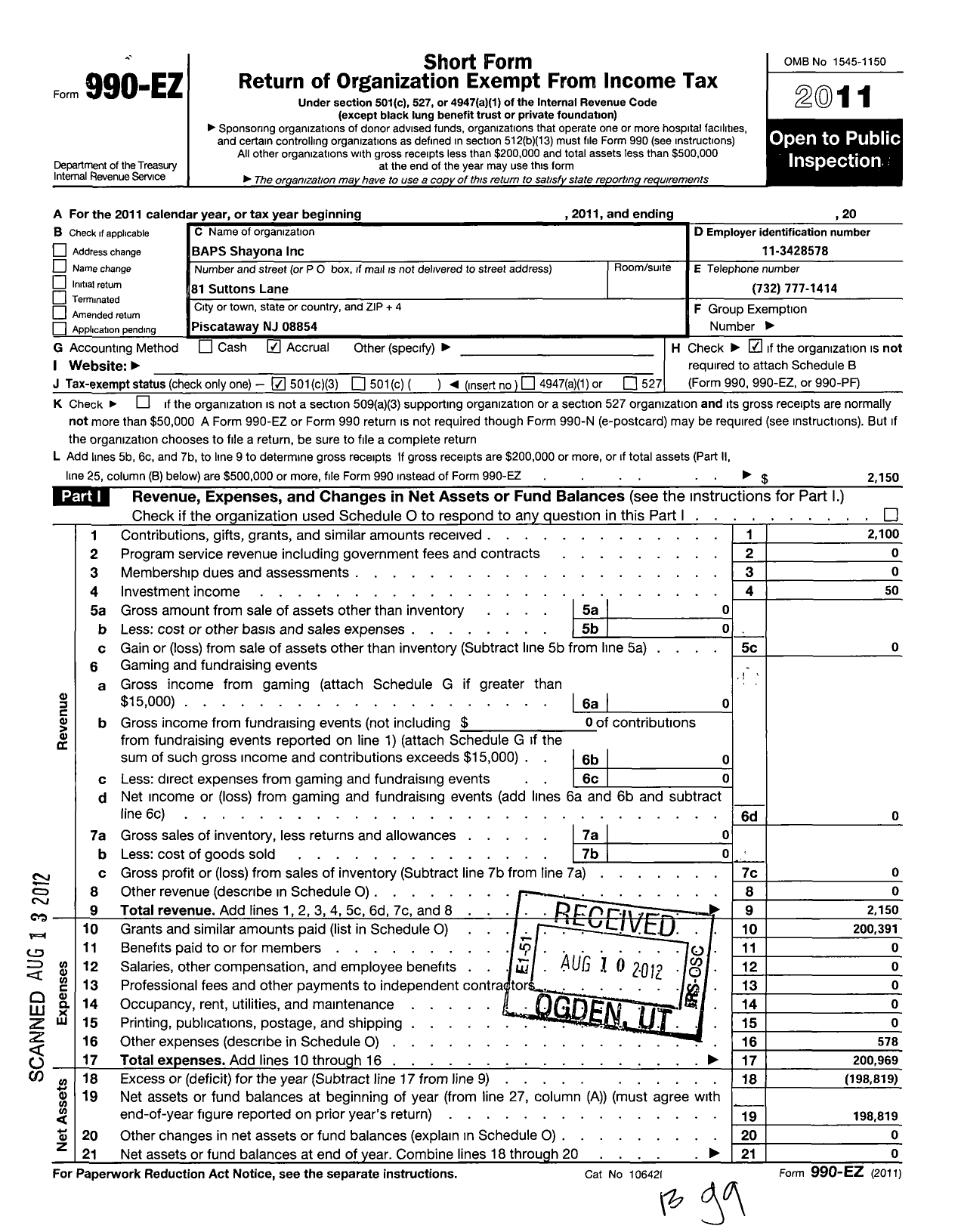 Image of first page of 2011 Form 990EZ for Baps Shayona