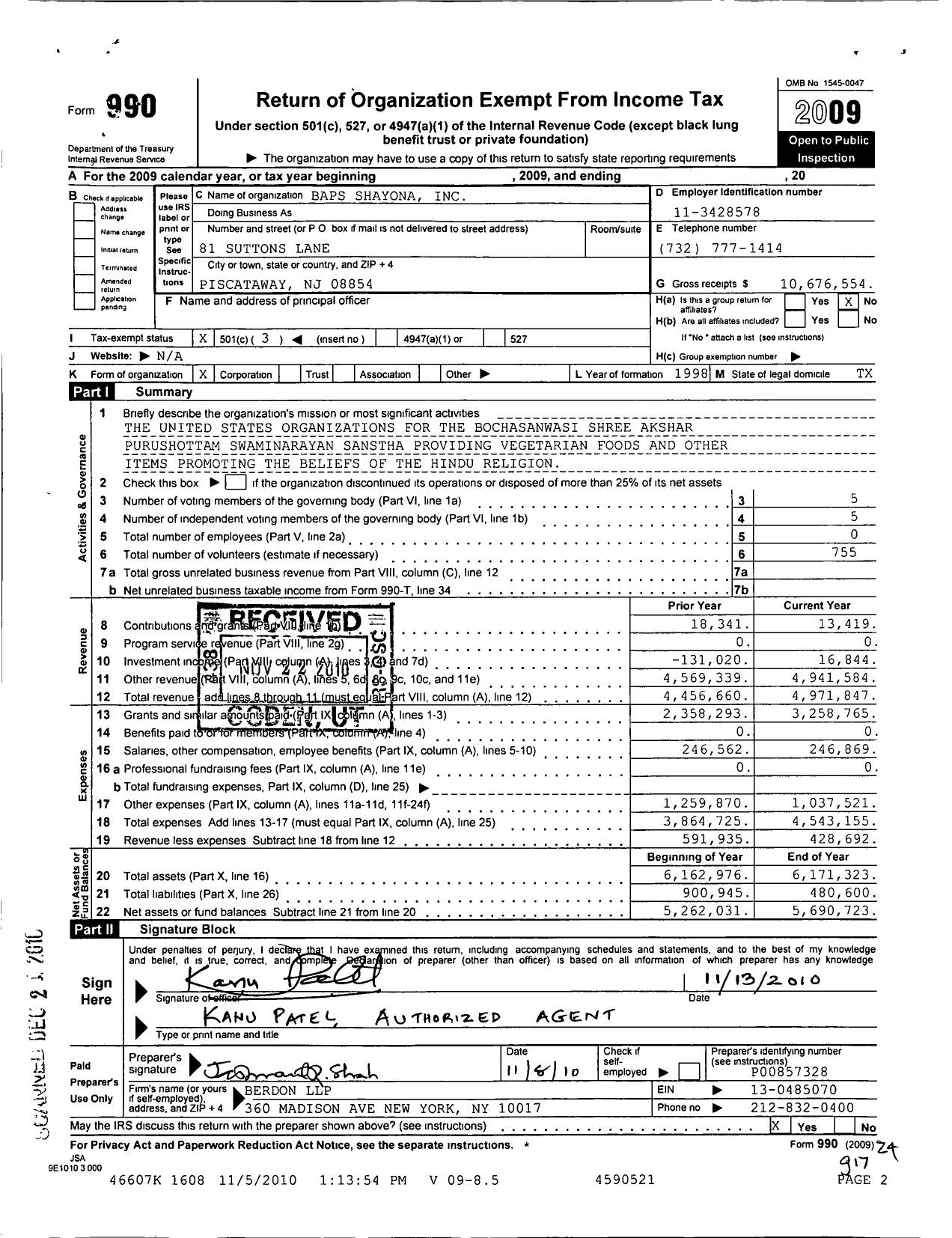 Image of first page of 2009 Form 990 for Baps Shayona