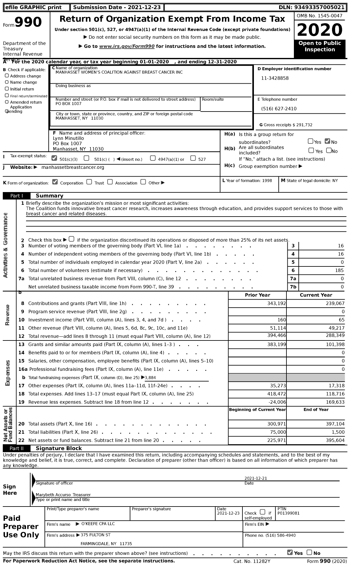 Image of first page of 2020 Form 990 for Manhasset Women's Coalition Against Breast Cancer