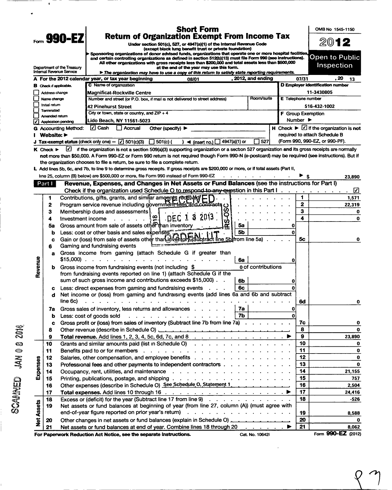 Image of first page of 2012 Form 990EZ for Magnificat Rockville Centre