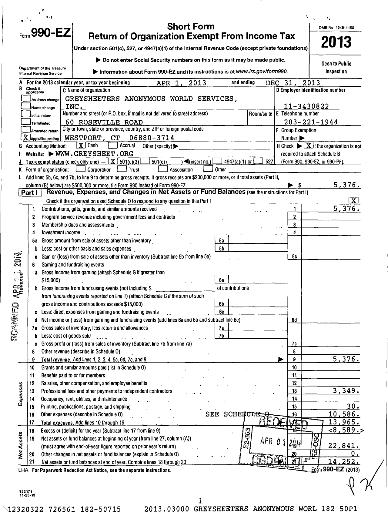 Image of first page of 2013 Form 990EZ for Greysheeters Anonymous World Services