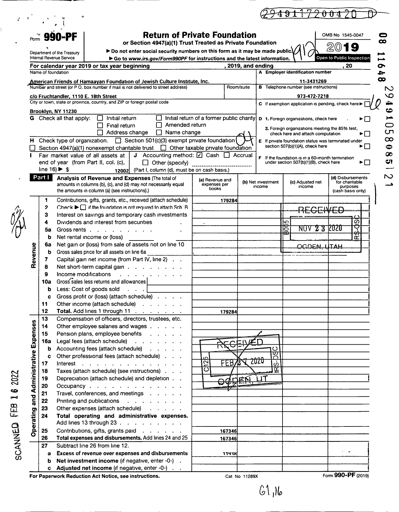 Image of first page of 2019 Form 990PF for American Friends of Hamaayan Foundation of Jewish Culture Institute