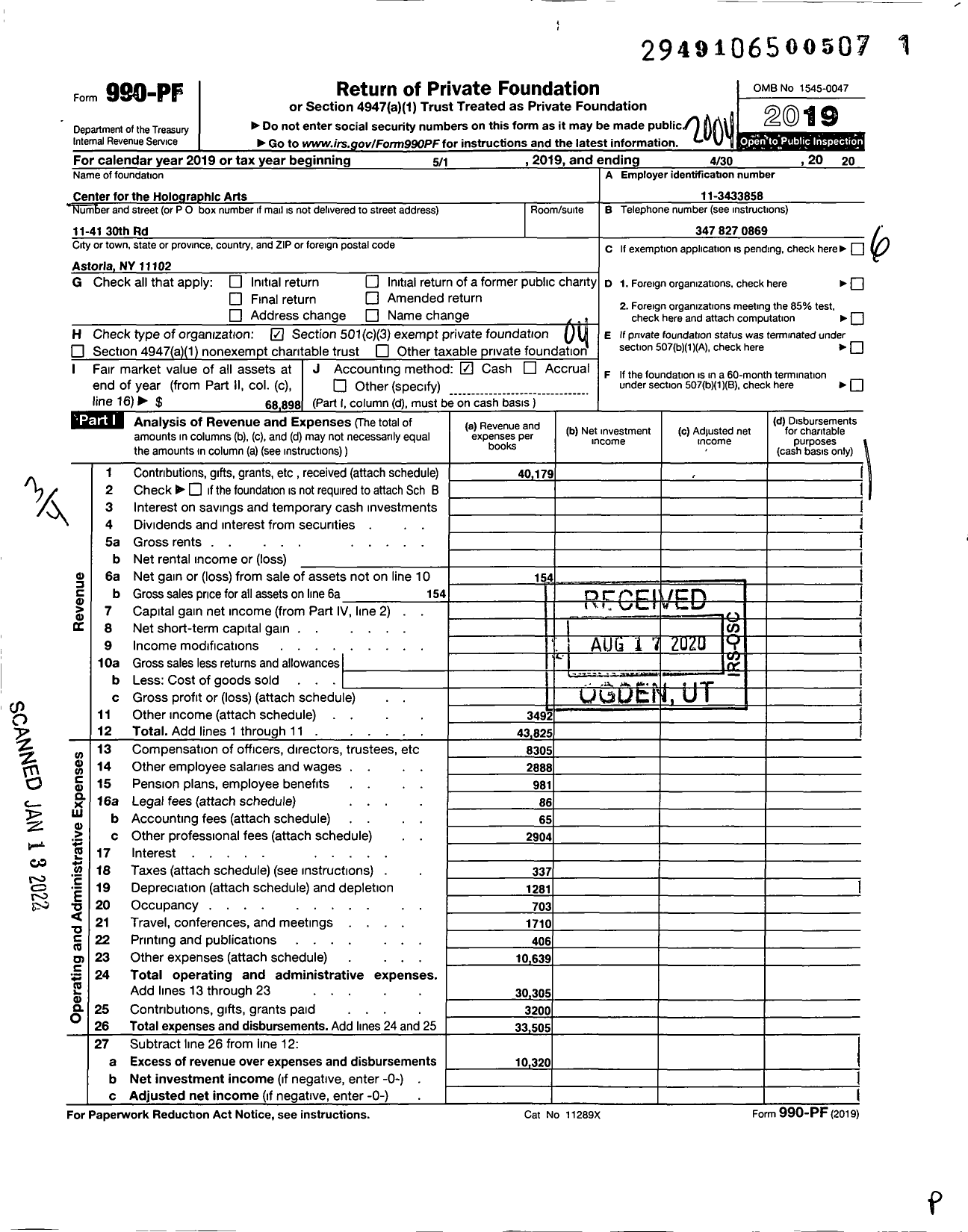 Image of first page of 2019 Form 990PF for Center for the Holographic Arts