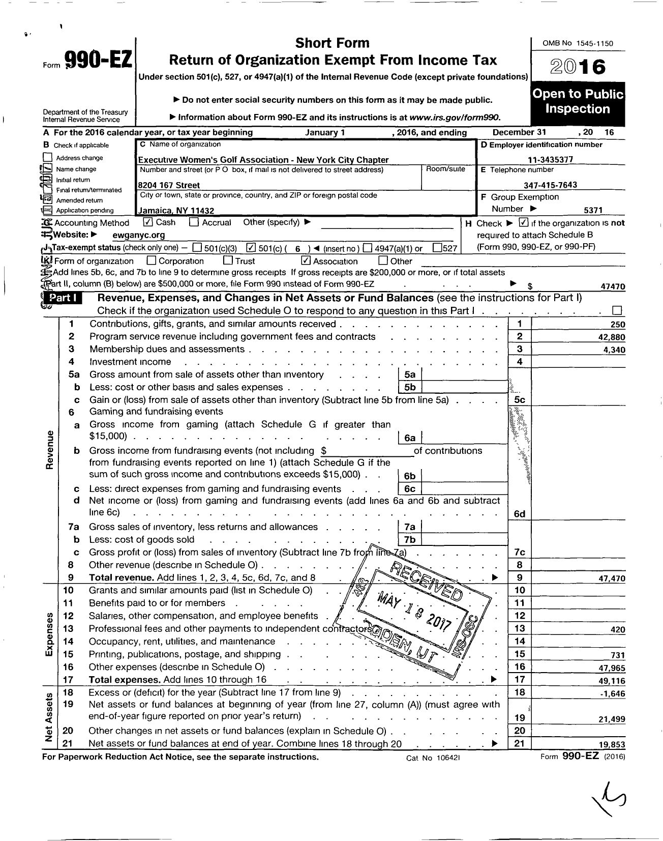 Image of first page of 2016 Form 990EO for Womens Amateur Golf Association-New