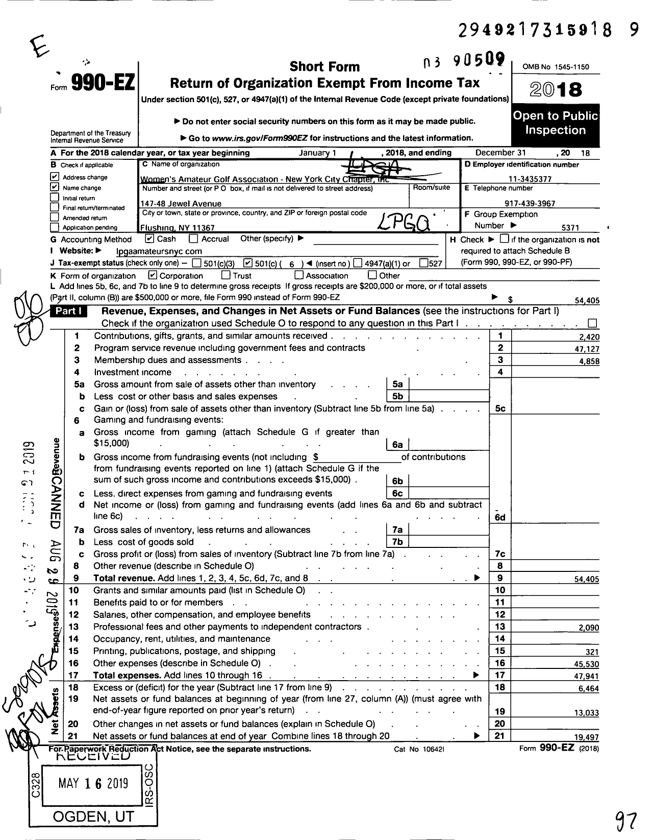 Image of first page of 2018 Form 990EO for Womens Amateur Golf Association-New