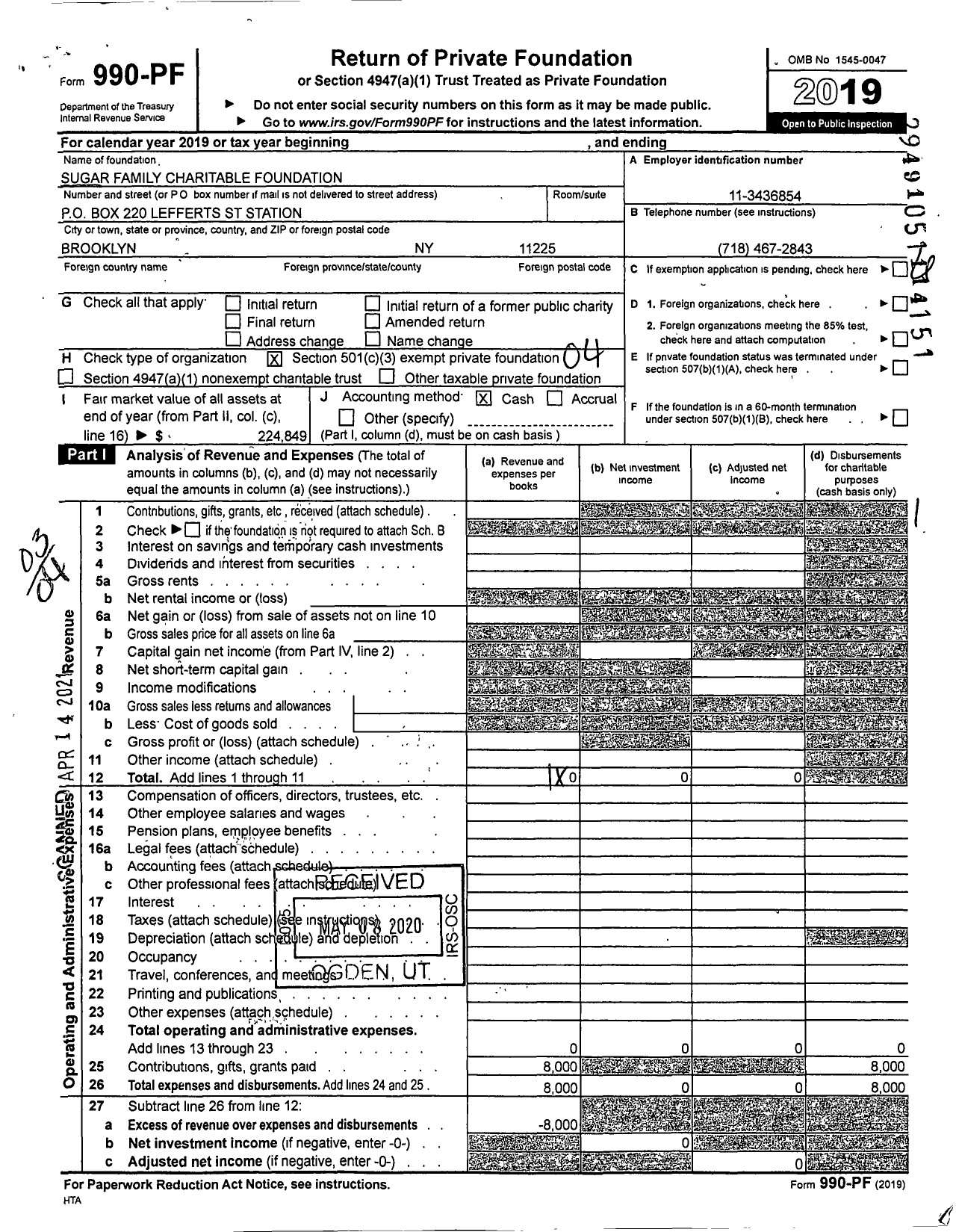 Image of first page of 2019 Form 990PF for Sugar Family Charitable Foundation