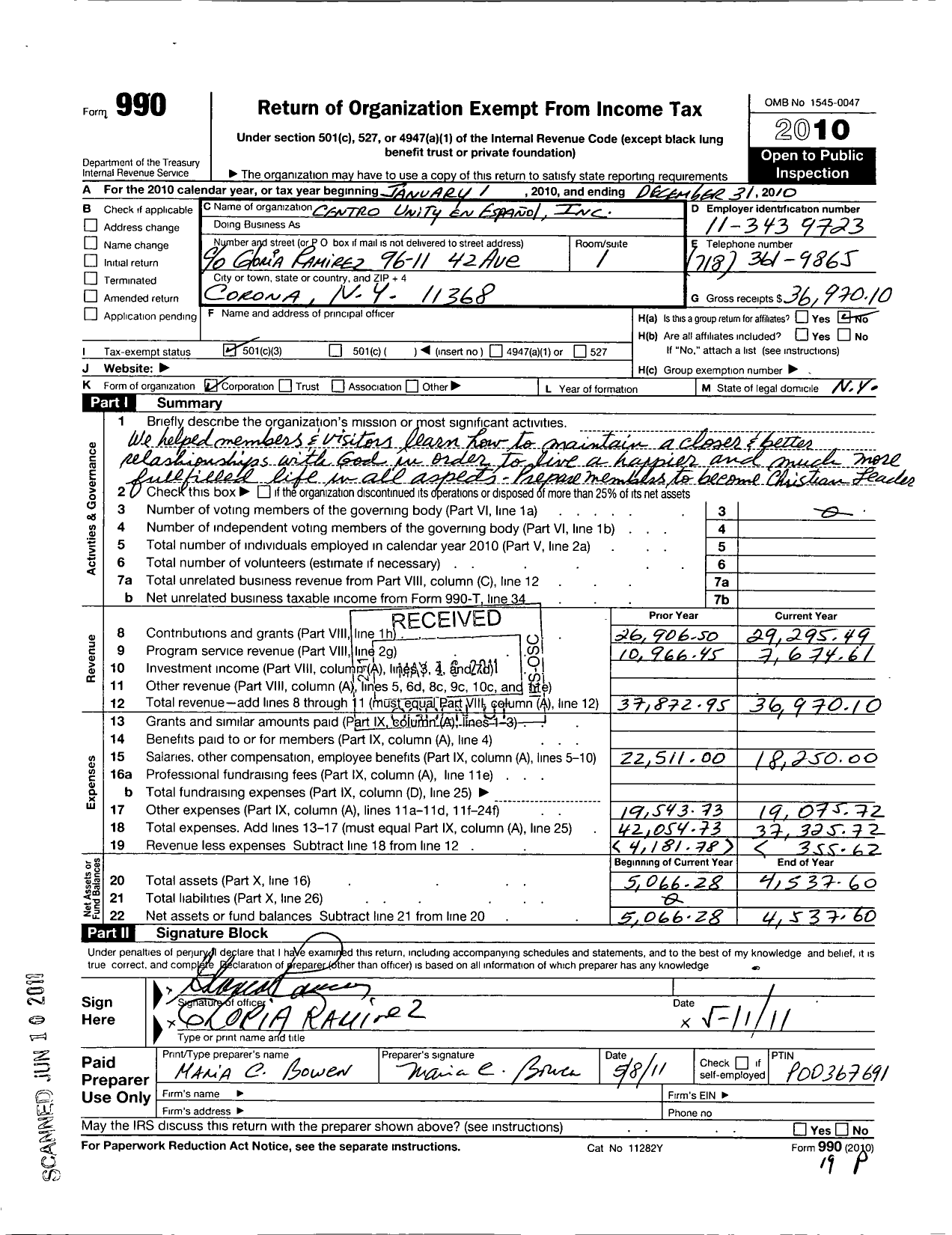 Image of first page of 2010 Form 990 for Centro Unity En Espanol